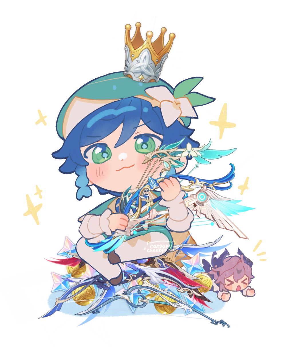 paku (cheebpaku), mini durin (genshin impact), mini durin (human) (genshin impact), venti (genshin impact), genshin impact, commentary, english commentary, highres, > <, 2boys, :3, beret, black horns, blue hair, blush stickers, capelet, closed mouth, crown, deformed, dot nose, double-parted bangs, flower, gradient hair, green capelet, green eyes, green hat, hair between eyes, hat, holding, holding instrument, horns, instrument, long sleeves, male focus, multicolored hair, multiple boys, open mouth, pantyhose, purple hair, simple background, sitting, solo focus, sparkle, white background, white flower, white pantyhose