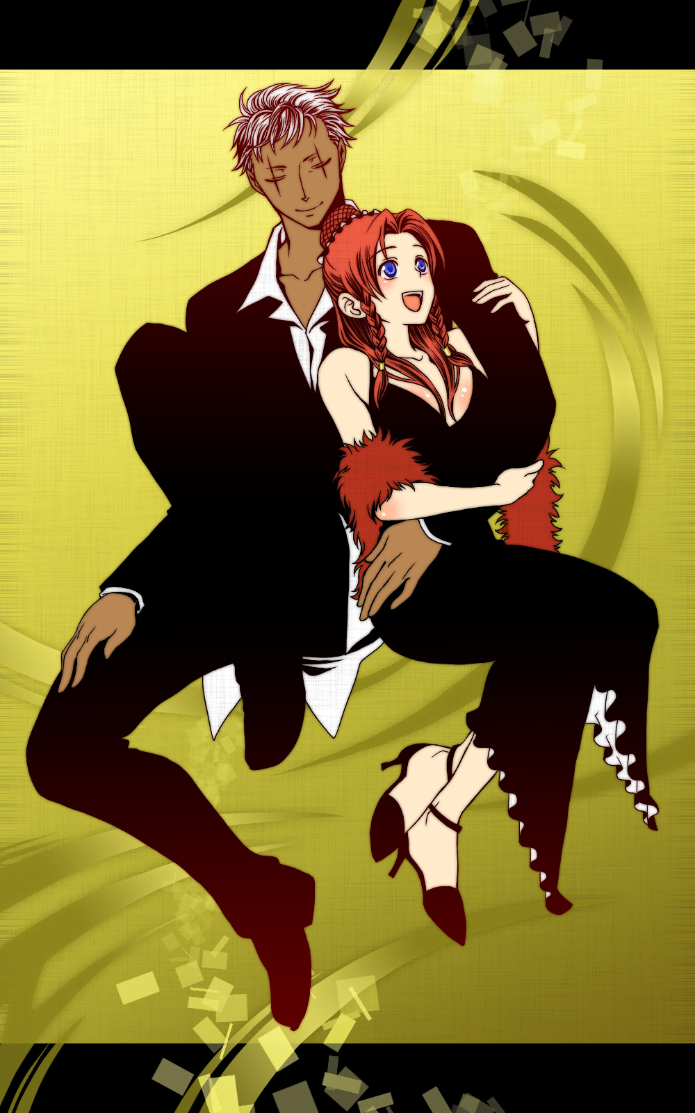 esaka, hong meiling, krizalid, m.u.g.e.n, snk, the king of fighters, touhou, bad id, highres, 1boy, 1girl, blue eyes, braid, couple, crossover, dark-skinned male, dark skin, formal clothes, hetero, long hair, red hair, short hair, twin braids, white hair