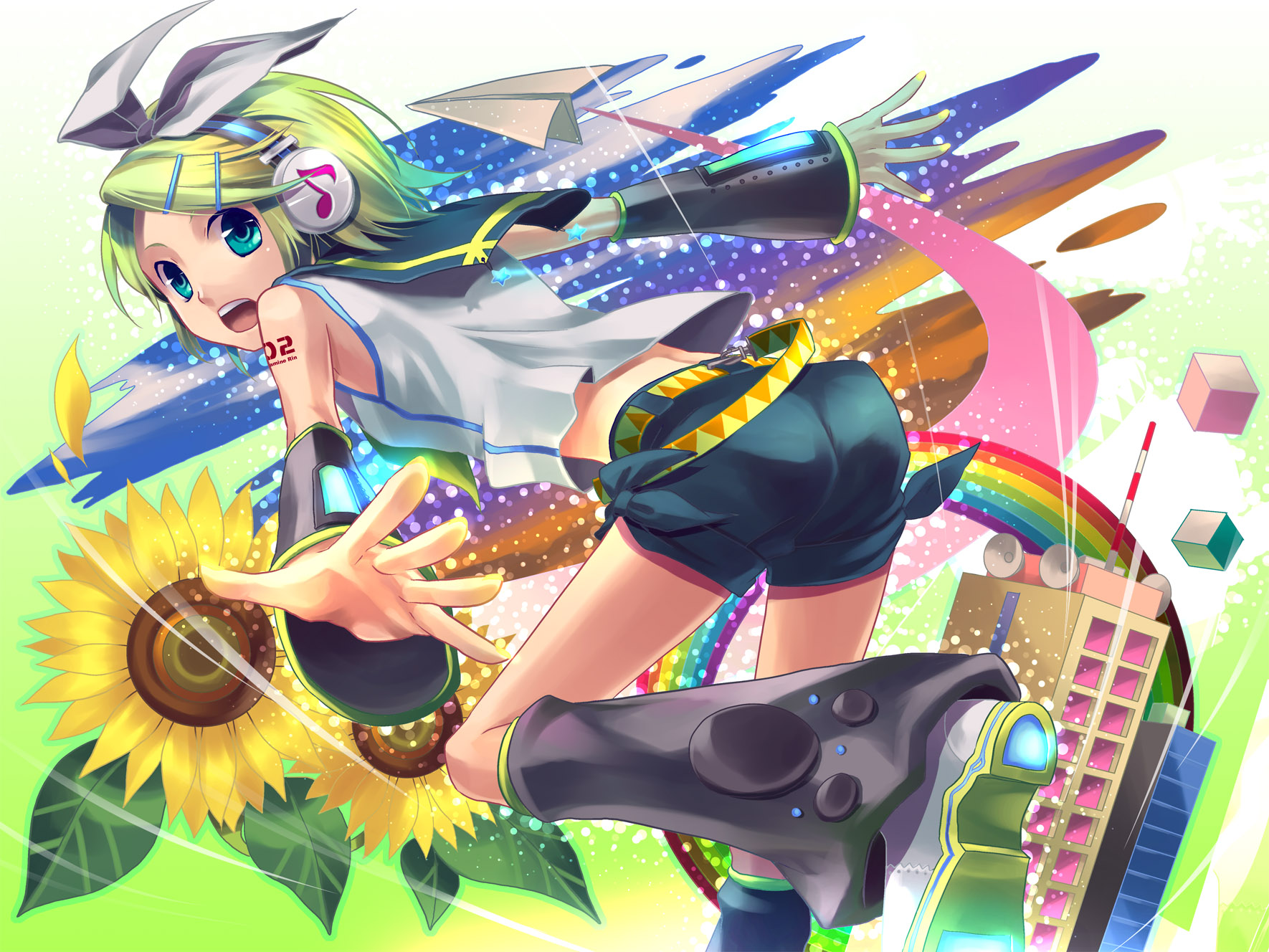 tomone, kagamine rin, vocaloid, highres, 1girl, aqua eyes, blonde hair, female focus, flower, hair ornament, hair ribbon, hairclip, headphones, looking back, midriff, paper airplane, ribbon, short hair, shorts, smile, solo, sunflower