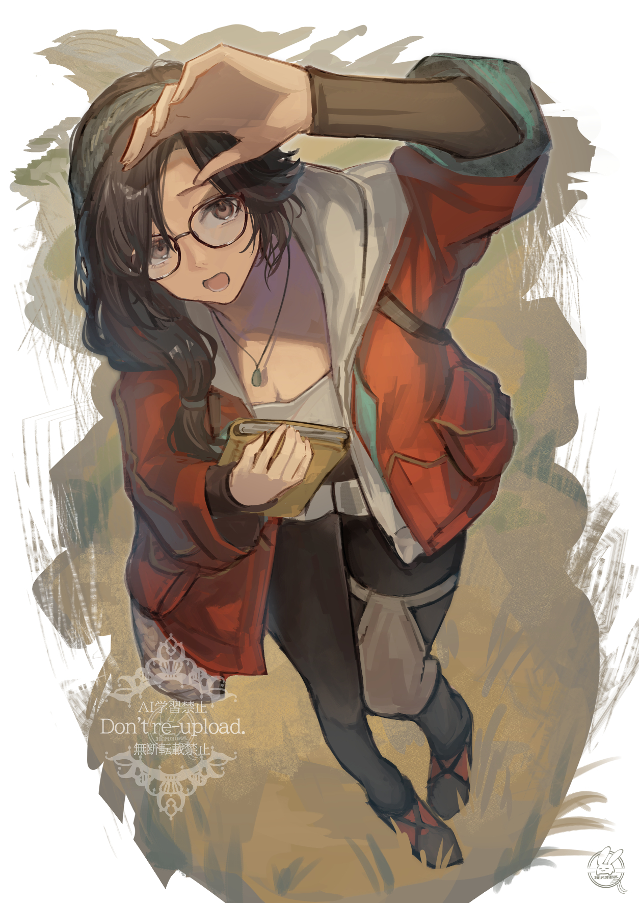 hemorina, alma (monster hunter wilds), monster hunter (series), monster hunter wilds, commentary request, highres, partial commentary, 1girl, arm up, artist logo, artist name, black pants, book, breasts, brown-framed eyewear, brown eyes, brown hair, brown shoes, cleavage, from above, full body, glasses, grass, grey hairband, hair over shoulder, hair tie, hairband, holding, holding book, hood, hood down, hooded jacket, jacket, jewelry, logo, long hair, long sleeves, looking at viewer, looking up, low-tied long hair, necklace, open clothes, open jacket, open mouth, pants, parted bangs, red jacket, shading eyes, shirt, shoes, solo, standing, watermark, white shirt
