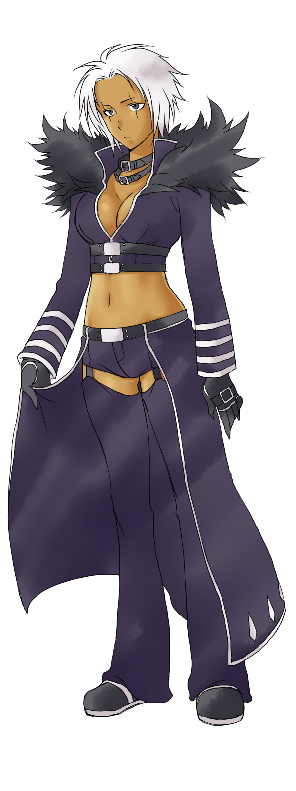 esaka, krizalid, m.u.g.e.n, snk, the king of fighters, bad id, bad pixiv id, highres, 1girl, breasts, cleavage, collar, dark-skinned female, dark skin, female focus, genderswap, genderswap (mtf), large breasts, midriff, short hair, solo, white hair