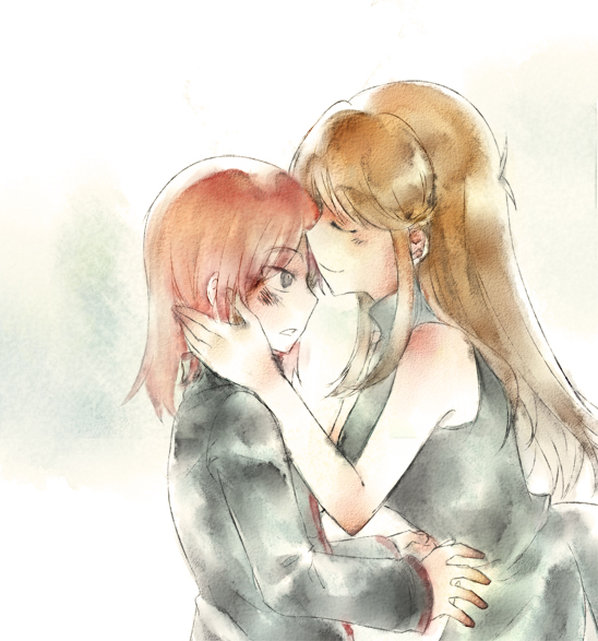 tachiuo, tachiuo (arines), green (pokemon), silver (pokemon), nintendo, pokemon, pokemon adventures, blush, brown hair, closed eyes, couple, grey eyes, height difference, long hair, red hair