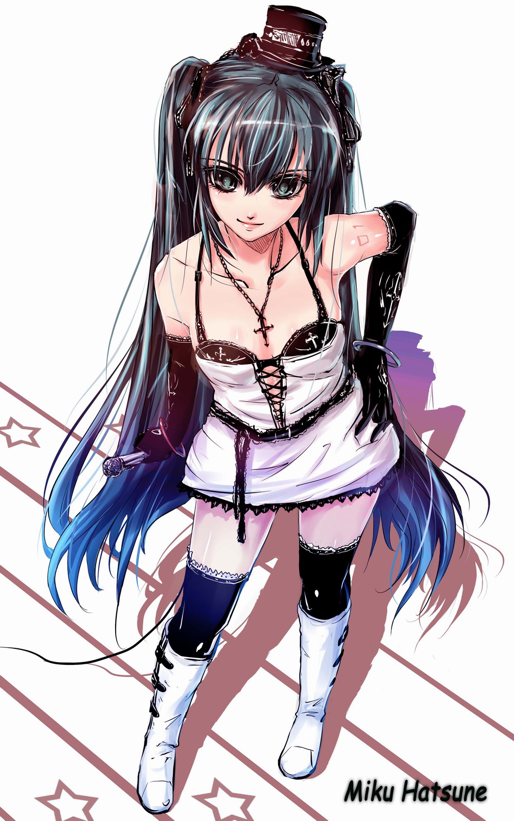 zhuxiao517, hatsune miku, vocaloid, bad id, bad pixiv id, highres, 1girl, aqua eyes, aqua hair, boots, elbow gloves, eyelashes, female focus, gloves, gothic lolita, hand on own hip, hat, jewelry, leaning forward, legs, lips, lolita fashion, long hair, microphone, mini hat, mini top hat, necklace, skirt, smile, solo, thighhighs, top hat, twintails, zettai ryouiki