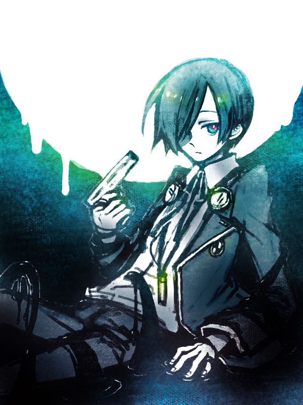 yoshida sei, yuuki makoto (persona 3), atlus, persona, persona 3, bad id, bad pixiv id, 1boy, blue eyes, blue hair, digital walkman, evoker, gun, hair over one eye, headphones, male focus, matching hair/eyes, mp3 player, school uniform, solo, walkman nw-s203f, weapon