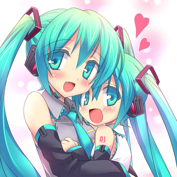 eeeeee, chibi miku, hatsune miku, vocaloid, bad id, bad pixiv id, 2girls, aqua eyes, aqua hair, blush, detached sleeves, dual persona, fang, headphones, headset, heart, long hair, multiple girls, necktie, smile, twintails