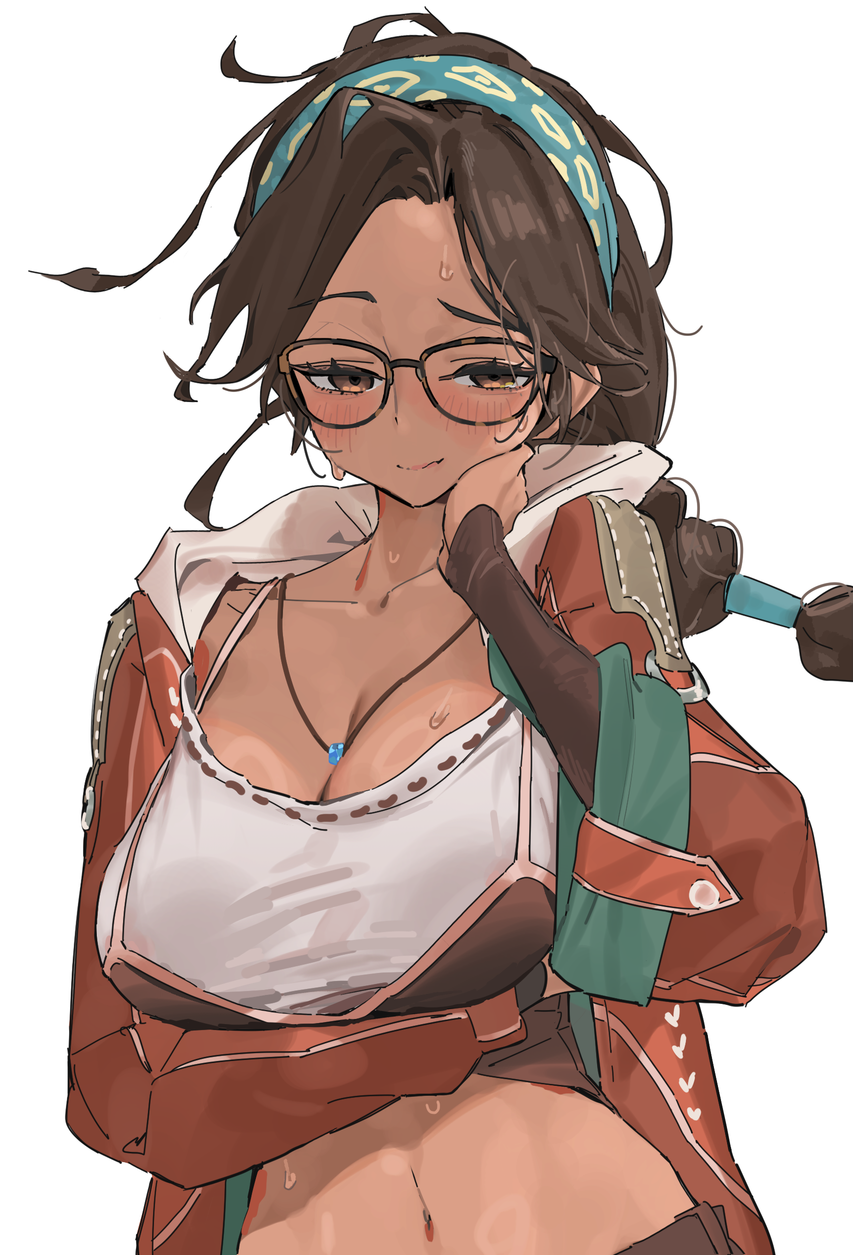 kiyoung park, alma (monster hunter wilds), monster hunter (series), monster hunter wilds, absurdres, commentary request, highres, korean commentary, 1girl, arm under breasts, blue hairband, blush, breasts, brown-framed eyewear, brown camisole, brown eyes, brown hair, camisole, camisole over clothes, cleavage, closed mouth, collarbone, floating hair, glasses, hairband, half-closed eyes, hand on own neck, hood, hood down, hooded jacket, huge breasts, jacket, jewelry, long hair, long sleeves, looking at viewer, low-tied long hair, midriff, navel, necklace, open clothes, open jacket, parted bangs, raised eyebrow, red jacket, sagging breasts, seductive smile, shirt, simple background, smile, solo, sweat, taut clothes, taut shirt, upper body, white background, white shirt