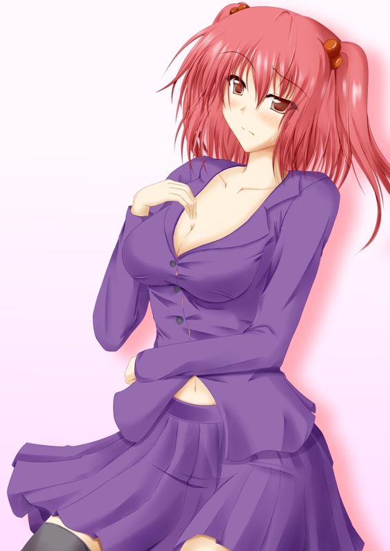 campbell (pixiv), campbell gichou, onozuka komachi, touhou, 1girl, alternate costume, breasts, casual, cleavage, contemporary, female focus, hair bobbles, hair ornament, large breasts, red eyes, red hair, solo, thighhighs, twintails, two side up