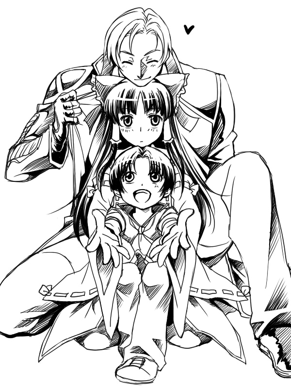 esaka, hakurei reimu, iceman (x-men), m.u.g.e.n, marvel, touhou, x-men, bad id, bad pixiv id, 1girl, 2boys, bow, coat, crossover, detached sleeves, family, greyscale, hetero, if they mated, japanese clothes, long hair, miko, monochrome, multiple boys, short hair