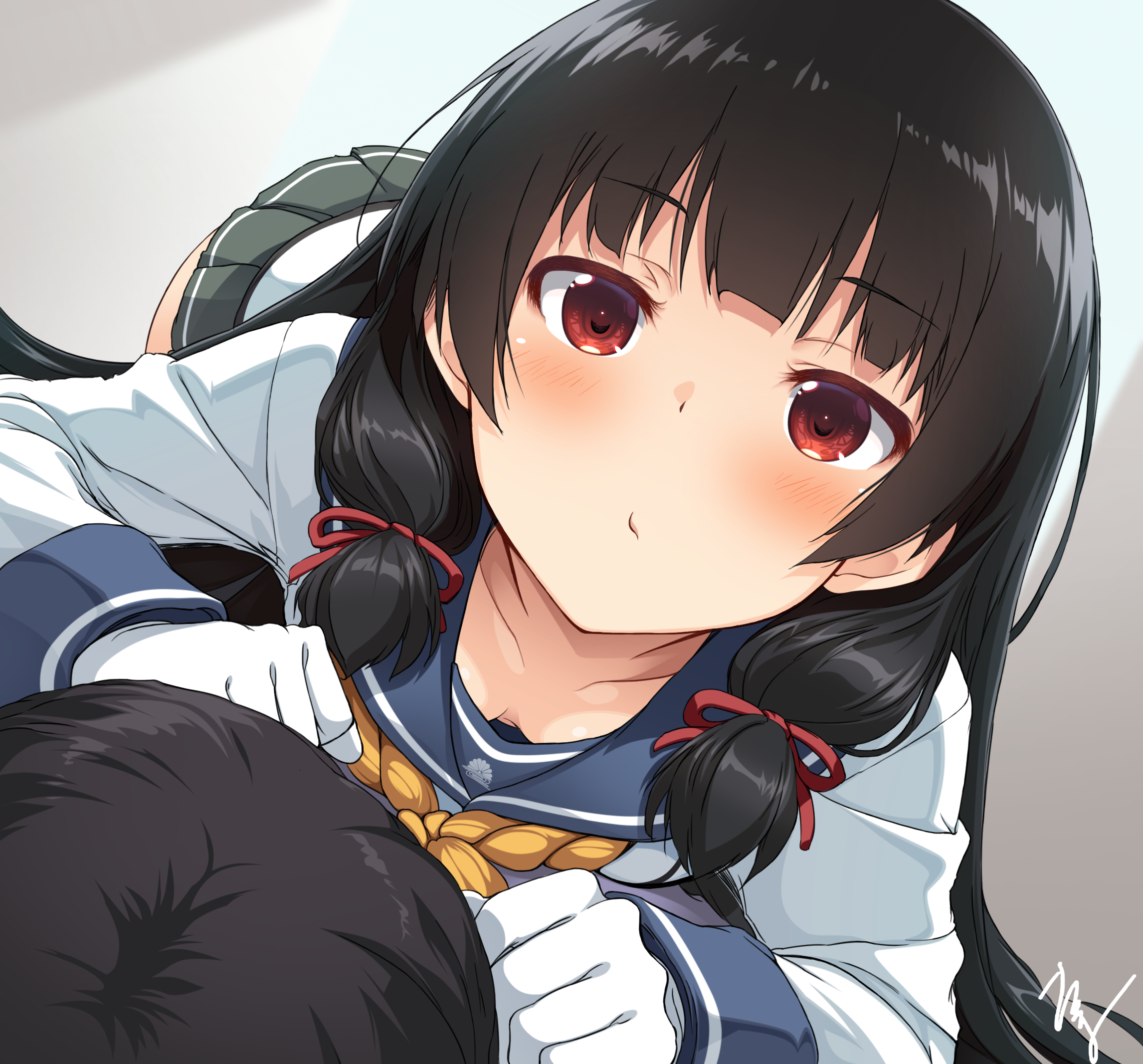 takuma (takumo7121), admiral (kancolle), isokaze (kancolle), kantai collection, commentary request, highres, 1girl, 1other, all fours, black hair, blue sailor collar, blunt bangs, blush, breasts, clenched hands, closed mouth, collarbone, cowboy shot, downblouse, dutch angle, girl on top, gloves, grey background, grey skirt, hair ribbon, long hair, long sleeves, looking at viewer, miniskirt, neckerchief, pleated skirt, red eyes, red ribbon, ribbon, sailor collar, school uniform, serafuku, shirt, sidelocks, signature, simple background, skirt, small breasts, solo focus, straight hair, tress ribbon, very long hair, white gloves, white shirt, yellow neckerchief