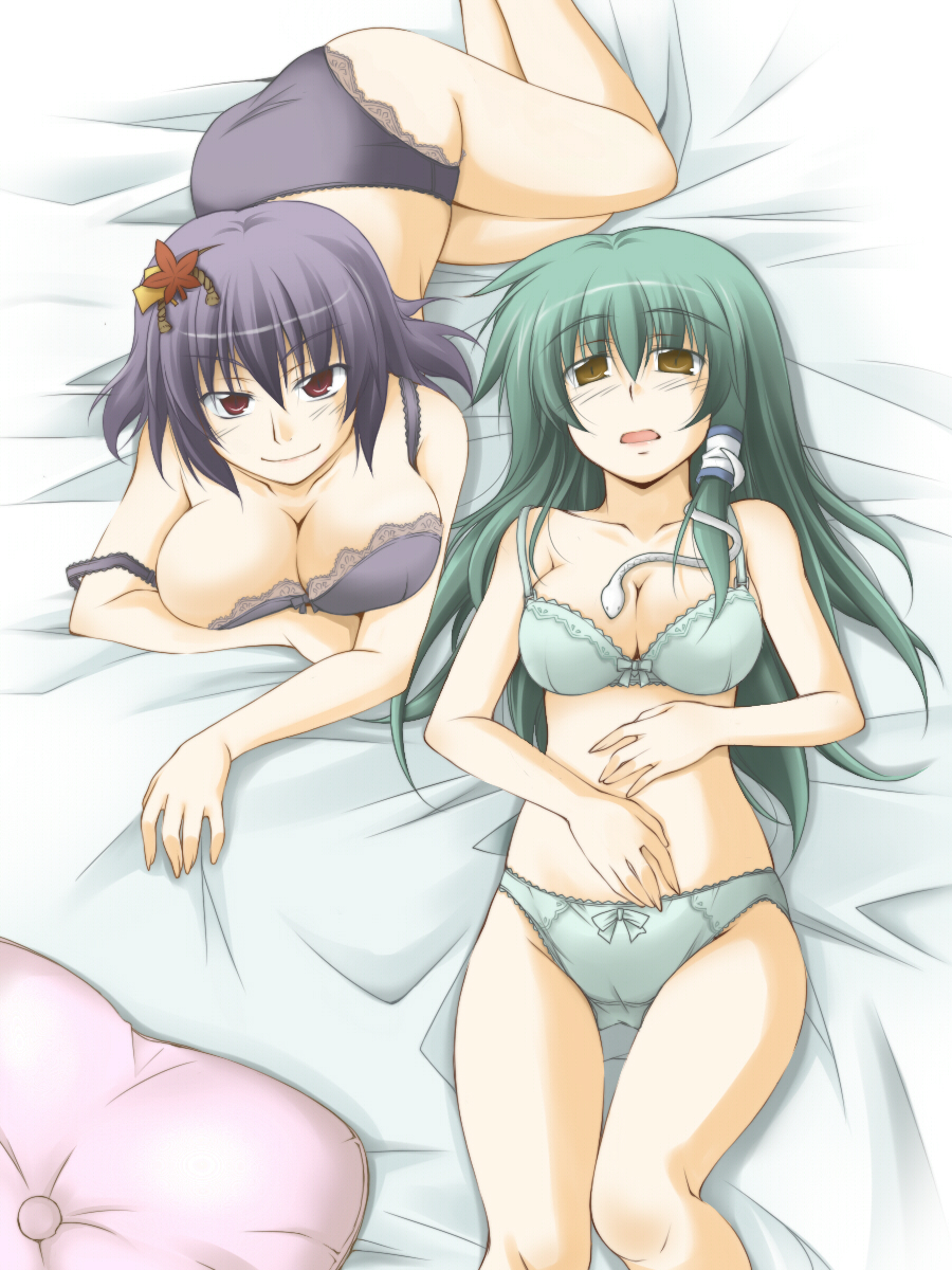 inu mamoru mizuki, inue, kochiya sanae, yasaka kanako, touhou, highres, 2girls, bare shoulders, bed, bra, breast rest, breasts, cleavage, female focus, green hair, hair ornament, lace, lace-trimmed bra, lace-trimmed panties, lace trim, large breasts, lingerie, lying, multiple girls, on back, on stomach, orange eyes, panties, pillow, purple hair, red eyes, smile, snake, underwear, underwear only