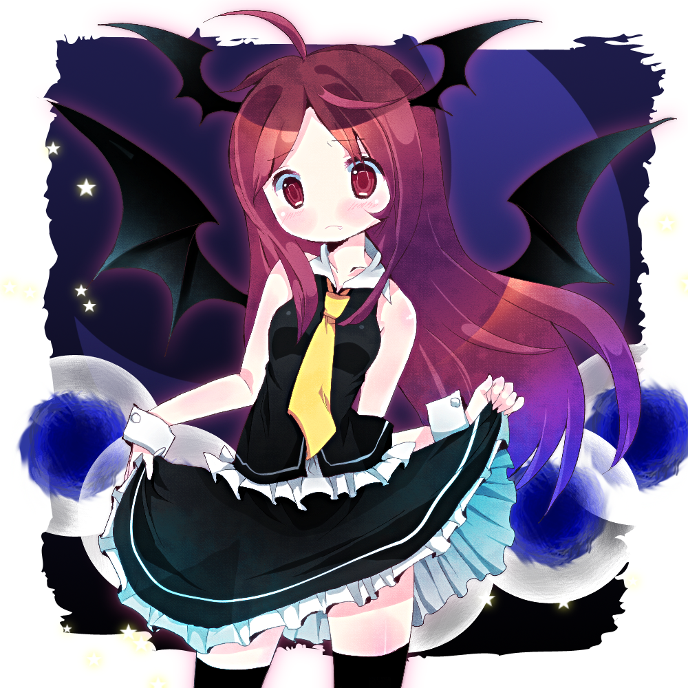 amo (shibu3), koakuma, embodiment of scarlet devil, touhou, 1girl, ahoge, bat wings, black thighhighs, clothes lift, dress, dress lift, fang, female focus, head wings, long hair, necktie, red eyes, red hair, skirt hold, sleeveless, solo, thighhighs, wings, wrist cuffs, yellow necktie, zettai ryouiki