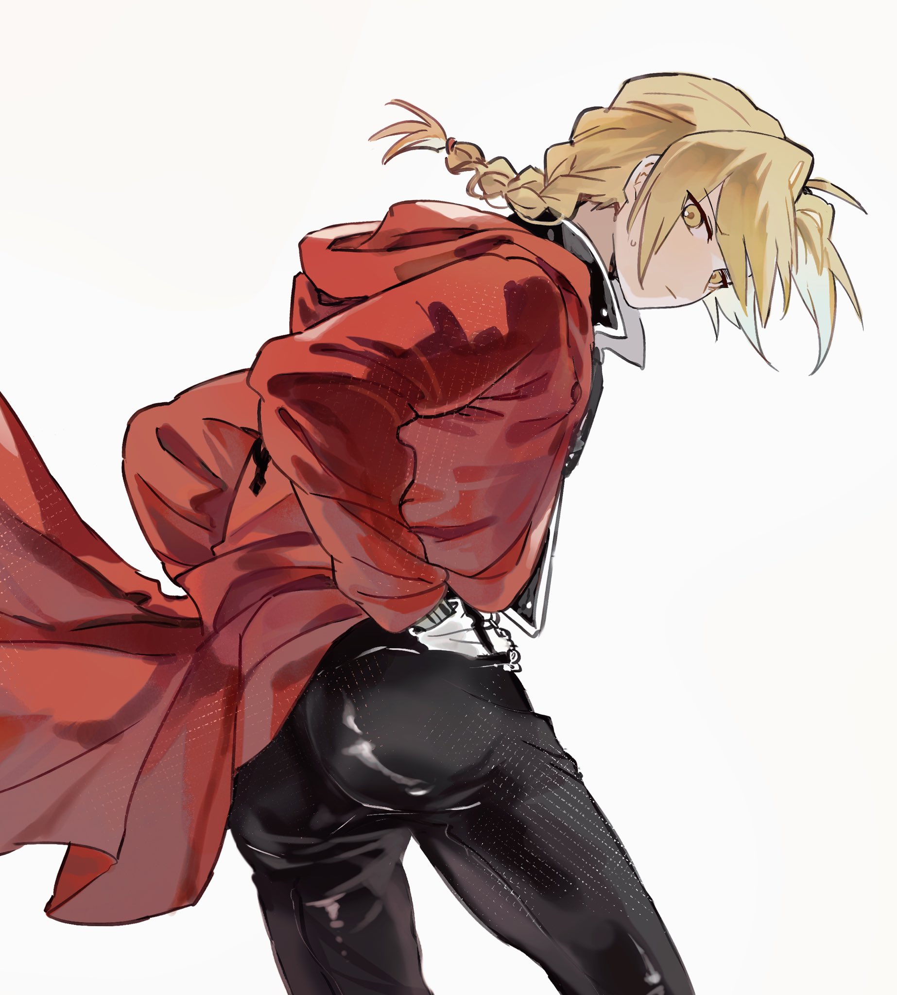 xue ezi, edward elric, fullmetal alchemist, highres, 1boy, ass, black pants, black shirt, blonde hair, braid, closed mouth, coat, collared shirt, feet out of frame, frown, hand on own hip, long hair, long sleeves, looking at viewer, male focus, pants, popped collar, red coat, shirt, simple background, single braid, solo, standing, white background