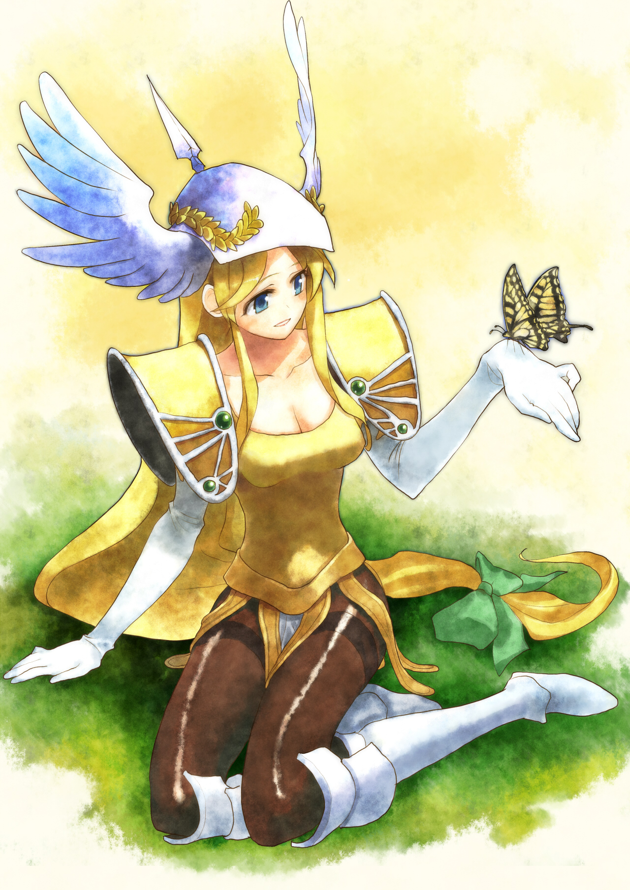 bob (biyonbiyon), riesz, vanadis, vanadis (seiken densetsu 3), seiken densetsu, seiken densetsu 3, highres, 1girl, armor, blonde hair, blue eyes, boots, bug, butterfly, butterfly on hand, elbow gloves, female focus, gloves, helmet, insect, knee boots, long hair, low-tied long hair, pantyhose, solo, thighband pantyhose, white gloves