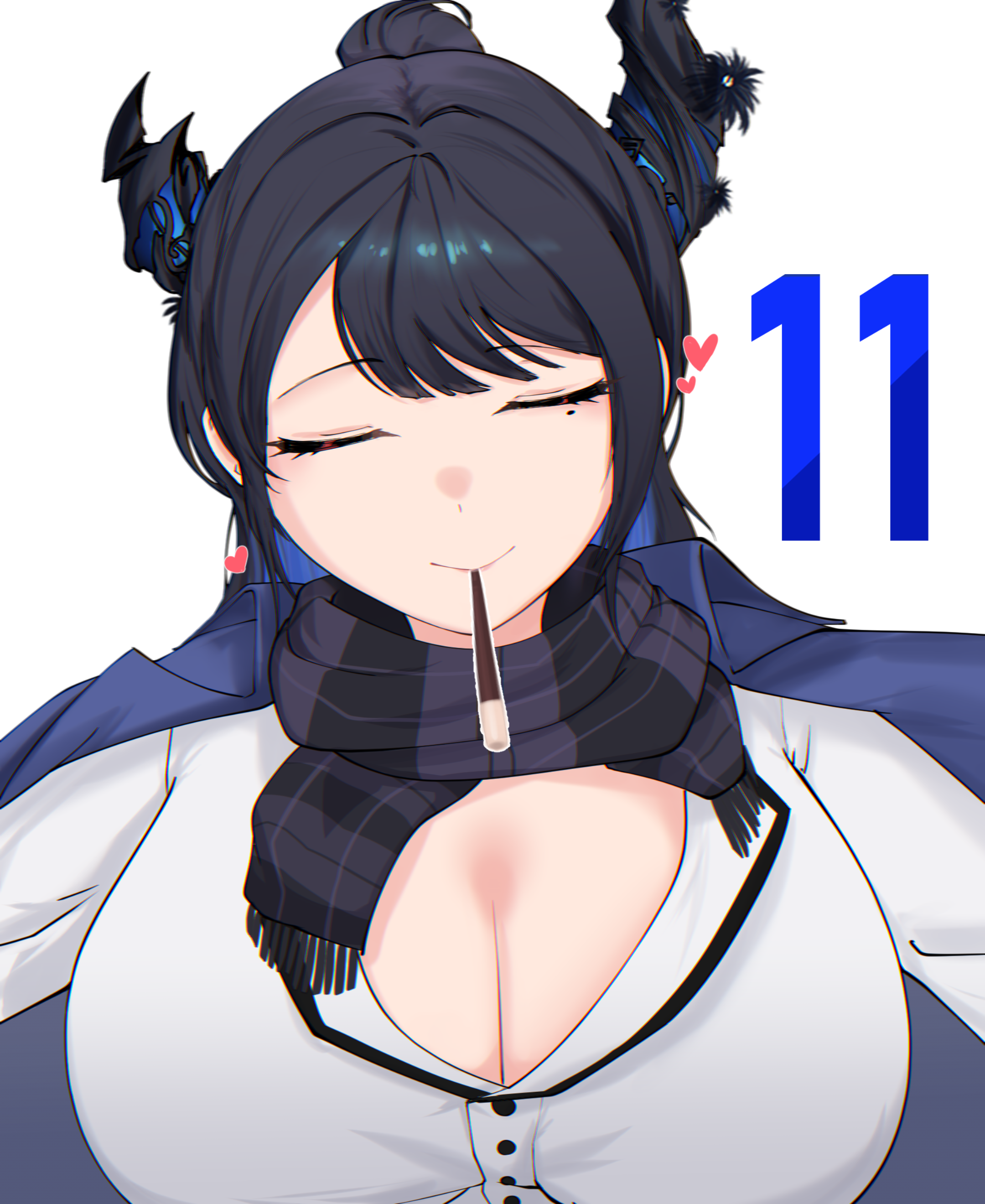 p protocoll, nerissa ravencroft, nerissa ravencroft (casual), hololive, hololive english, absurdres, commentary, english commentary, highres, 1girl, asymmetrical horns, black hair, breasts, buttons, cleavage, closed eyes, coat, demon girl, demon horns, food, food in mouth, hair bun, heart, horns, large breasts, long hair, mole, mole under eye, pocky, pocky day, pocky in mouth, pov, scar, shirt, simple background, virtual youtuber, white shirt