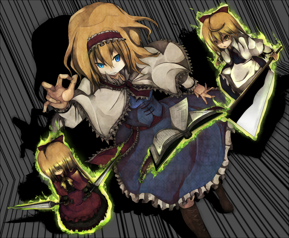 shinta (artist), tokoroten (hmmuk), alice margatroid, hourai doll, shanghai doll, touhou, bad id, bad pixiv id, 1girl, blonde hair, blue eyes, book, cleaver, female focus, hairband, hatchet, nata (tool), solo, sword, weapon