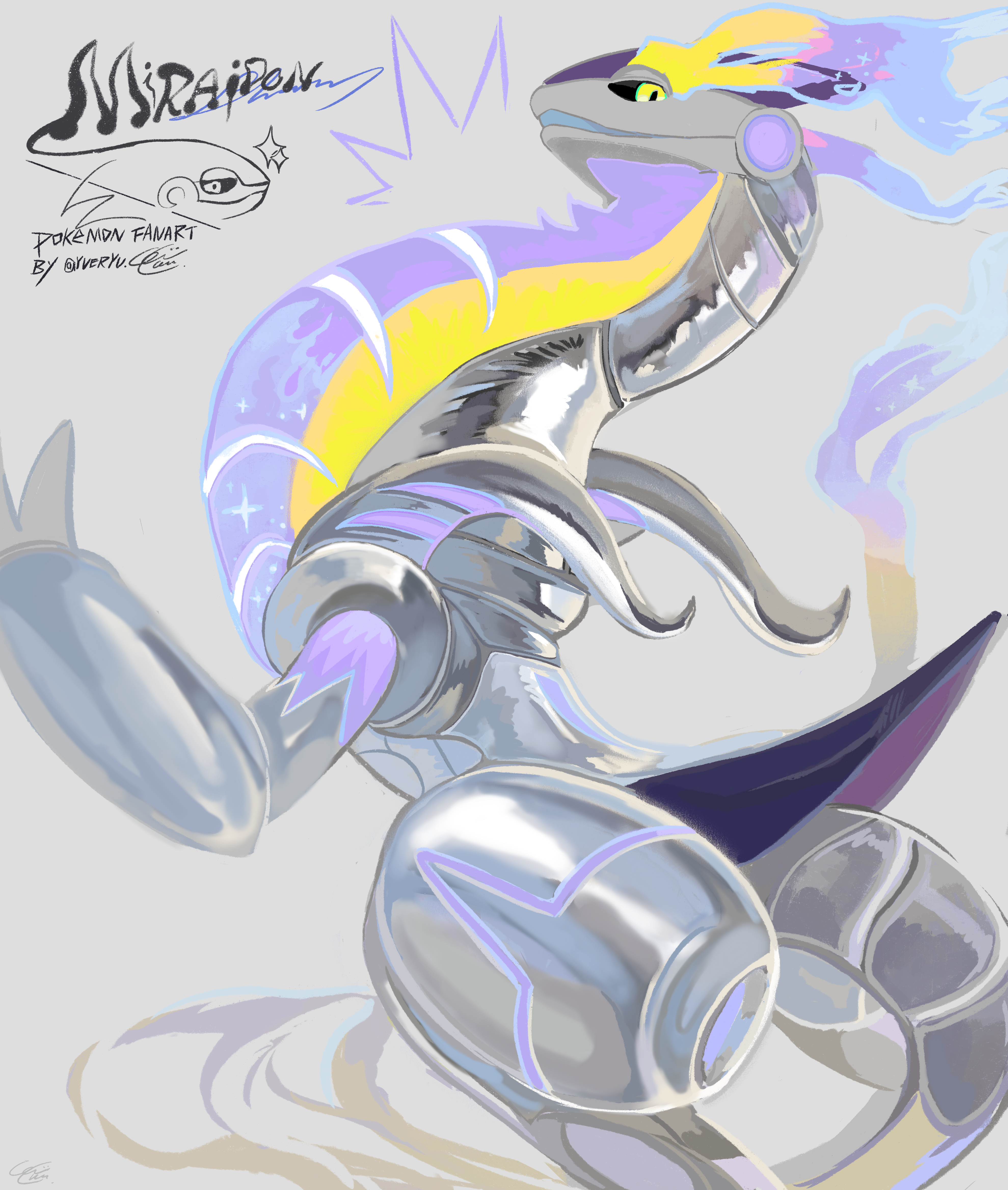 yueryu (taroyuer2), miraidon, nintendo, pokemon, ^^^, alternate color, animal focus, artist name, black sclera, character name, colored sclera, english text, from behind, grey background, hand up, looking at viewer, looking back, no humans, open mouth, pokemon (creature), shiny pokemon, shiny skin, signature, simple background, solo, twitter username, yellow eyes