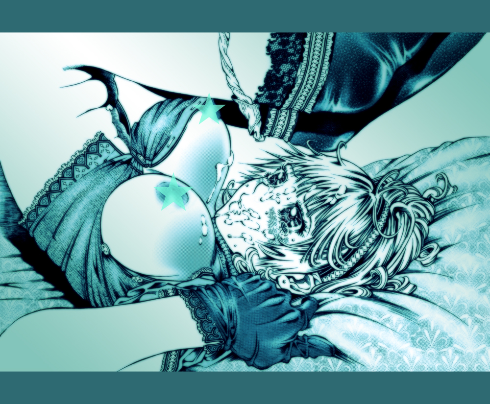 suzfou, original, md5 mismatch, resolution mismatch, source larger, 1girl, bed, breasts, censored, censored nipples, cum, cum on body, cum on hair, facial, female focus, gloves, hairband, lace, large breasts, monochrome, panties, panty pull, solo, thighhighs, underwear