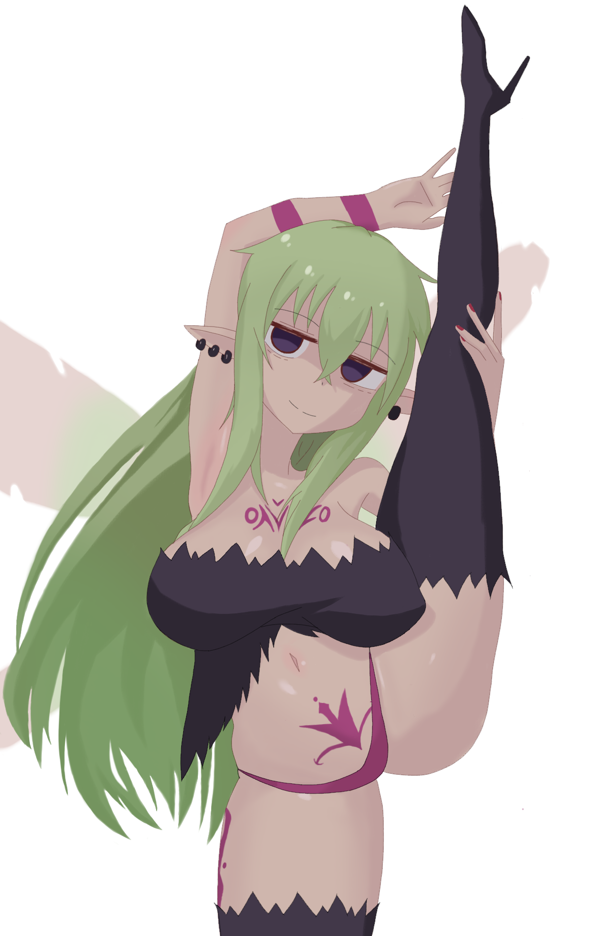 johnny tanaka, aloe (ishuzoku reviewers), ishuzoku reviewers, variant set, 1girl, arm tattoo, bags under eyes, black boots, black shirt, boots, breasts, chest tattoo, closed mouth, cropped shirt, dot nose, ear piercing, fairy, fairy wings, female focus, fingernails, full body, green hair, high heel boots, high heels, large breasts, leg tattoo, leg up, long hair, long pointy ears, looking at viewer, nail polish, navel, no pupils, panties, piercing, pointy ears, purple eyes, purple panties, red nails, shirt, shortstack, simple background, smile, smug, solo, split, standing, standing on one leg, stomach tattoo, strapless, strapless shirt, tattoo, thigh boots, thighs, underwear, white background, wings