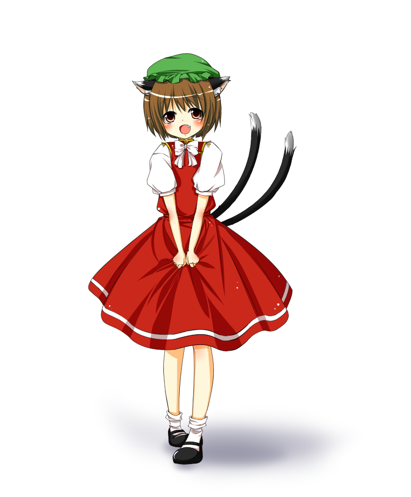 ayase miko, chen, touhou, 1girl, animal ears, brown eyes, brown hair, cat ears, cat girl, cat tail, dress, fang, female focus, full body, hat, multiple tails, short hair, solo, tail, white background