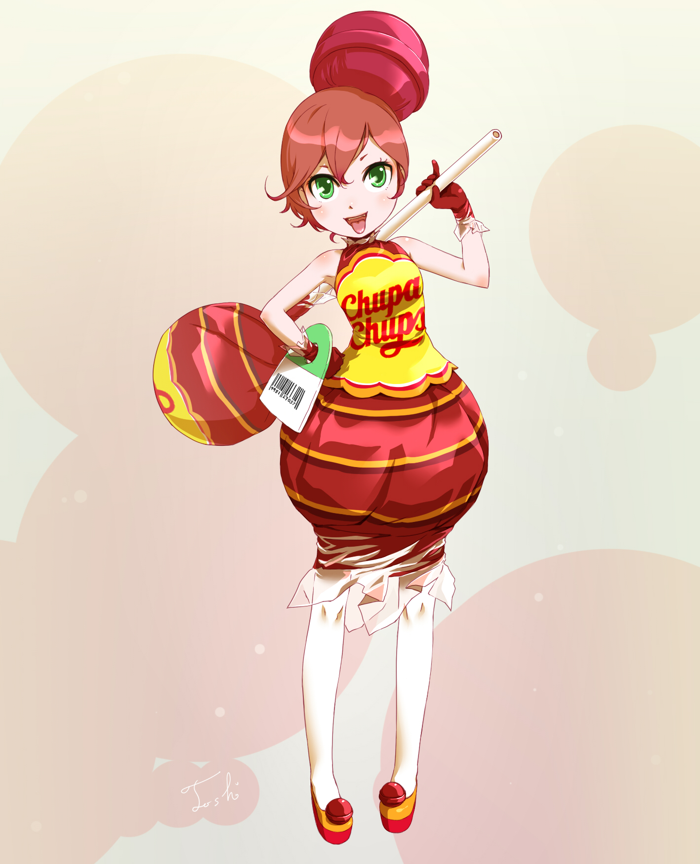 toshi punk, chupa chups, original, highres, 1girl, brown hair, candy, female focus, food, food-themed clothes, food as clothes, gloves, green eyes, lollipop, pantyhose, personification, product girl, solo, tongue, white pantyhose