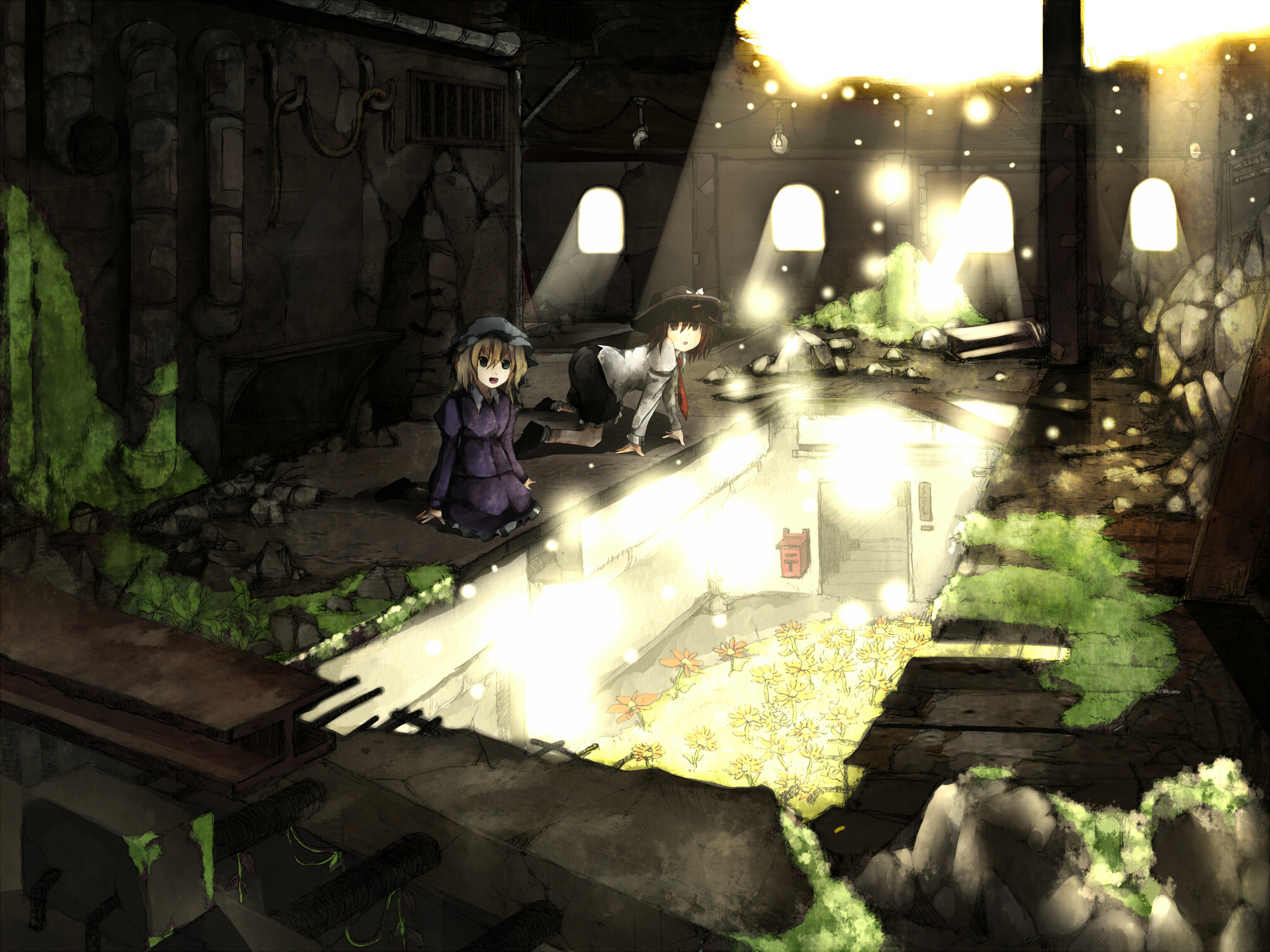 tokoroten (hmmuk), maribel hearn, usami renko, ghostly field club, touhou, bad id, bad pixiv id, highres, 2girls, all fours, female focus, flower, indoors, multiple girls, outdoors, plant, ruins, scenery, sitting