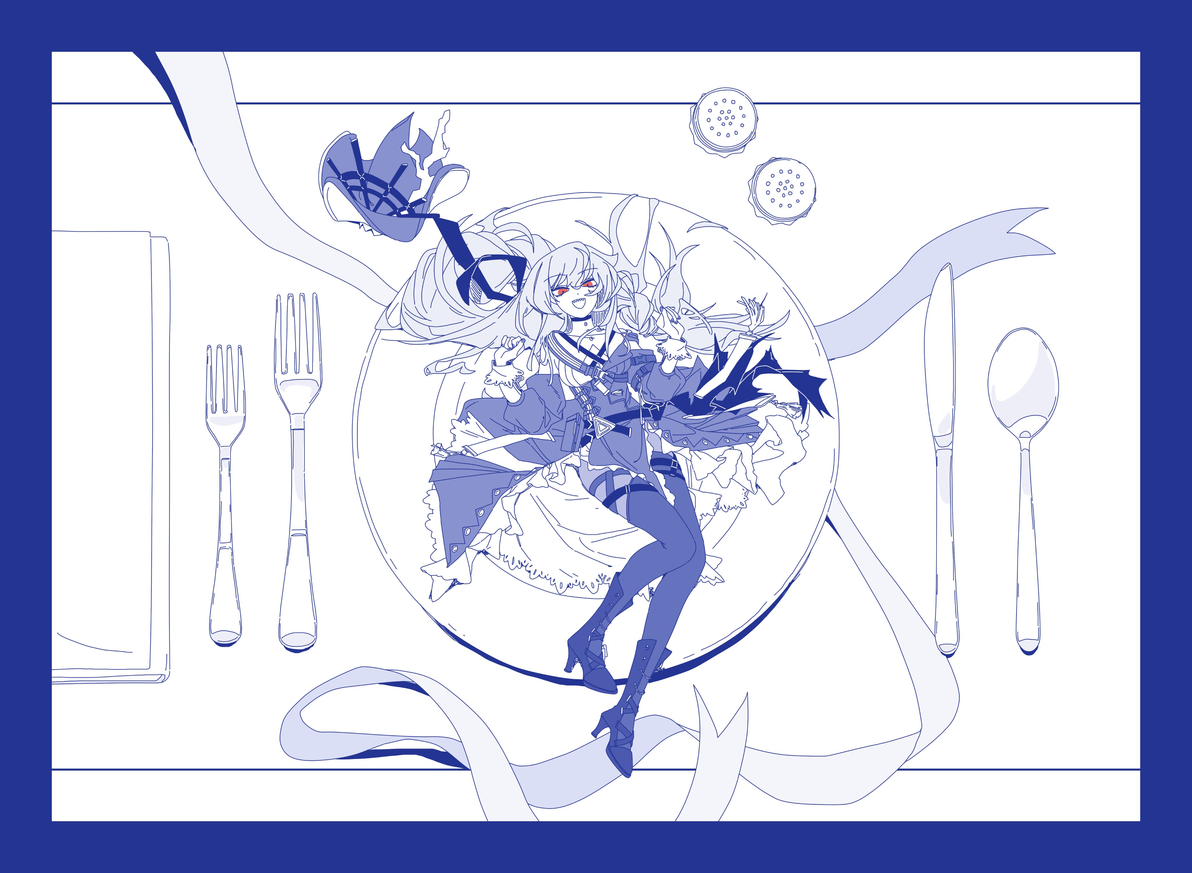 xity, specter (arknights), specter the unchained (arknights), arknights, bitter choco decoration (vocaloid), absurdres, commentary, highres, symbol-only commentary, 1girl, blue border, blue theme, boots, border, fork, gloves, hands up, hat, knee boots, knife, long hair, long sleeves, looking at viewer, lying, on back, open mouth, pantyhose, parody, plate, red eyes, smile, solo, spoon, spot color, unworn hat, unworn headwear, very long hair, wide sleeves