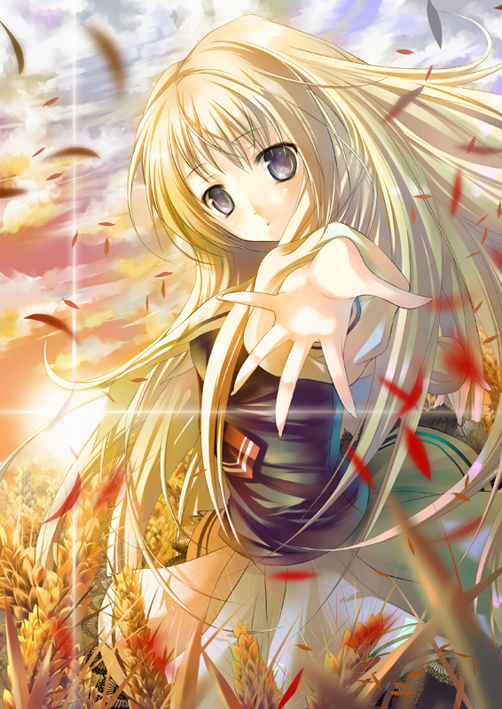 lilithbloody, youth-bloom, bad id, bad pixiv id, 1girl, blonde hair, blue eyes, evening, female focus, field, long hair, nature, outdoors, petals, school uniform, skirt, sky, solo, sun, wheat