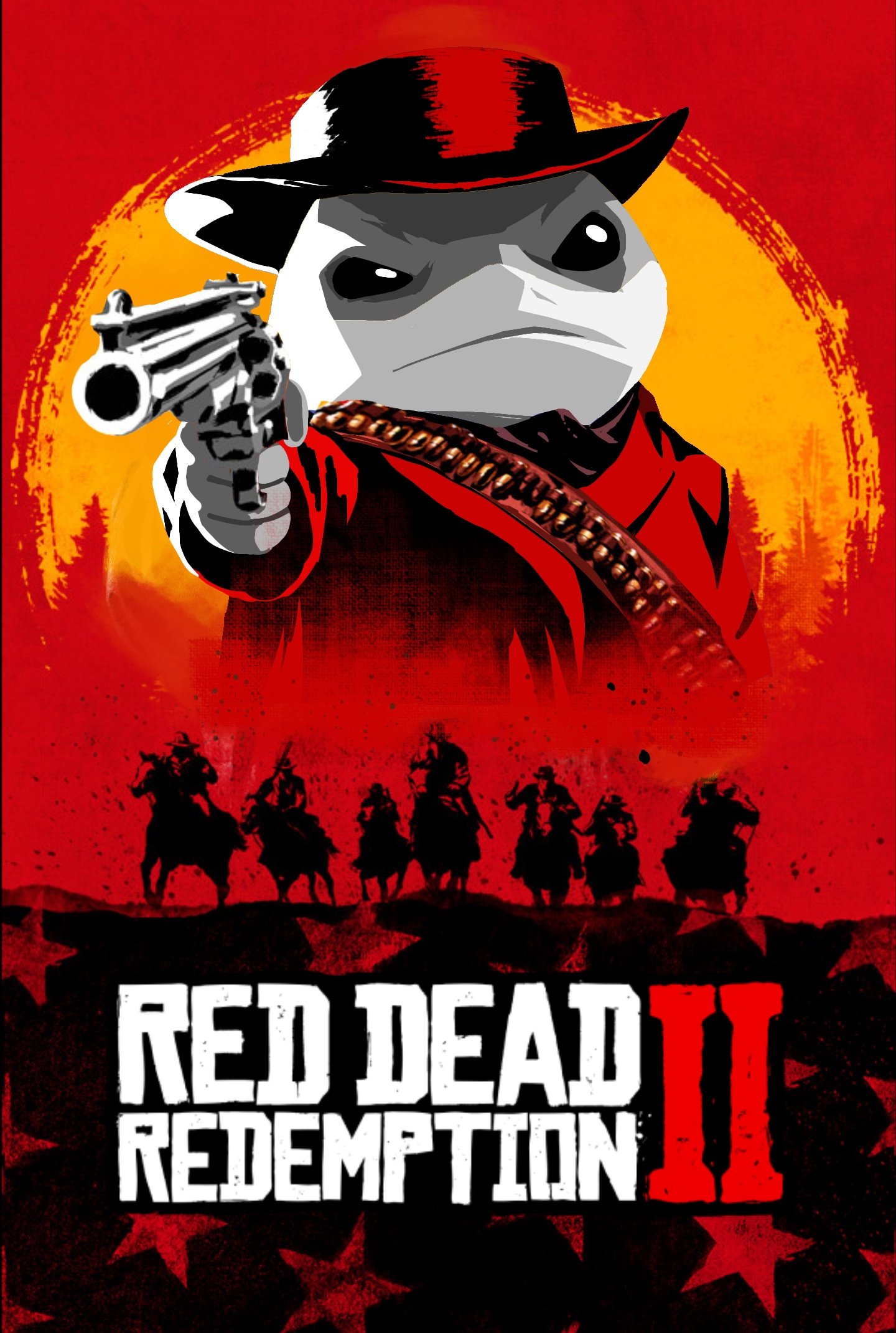 pocho22059768, arthur morgan, jeff (marvel), marvel, marvel rivals, red dead redemption (series), red dead redemption 2, commentary, english commentary, highres, angry, arthur morgan (cosplay), cosplay, cover, fins, gun, handgun, hat, horse, looking at viewer, multiple boys, parody, revolver, shark, weapon