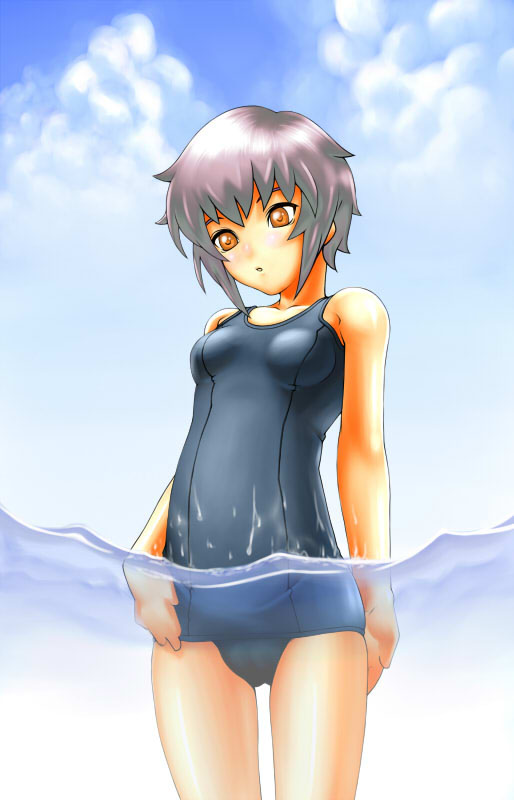 murazono, nagato yuki, suzumiya haruhi no yuuutsu, silver hair, 00s, 1girl, brown eyes, female focus, one-piece swimsuit, school swimsuit, short hair, solo, swimsuit, wet