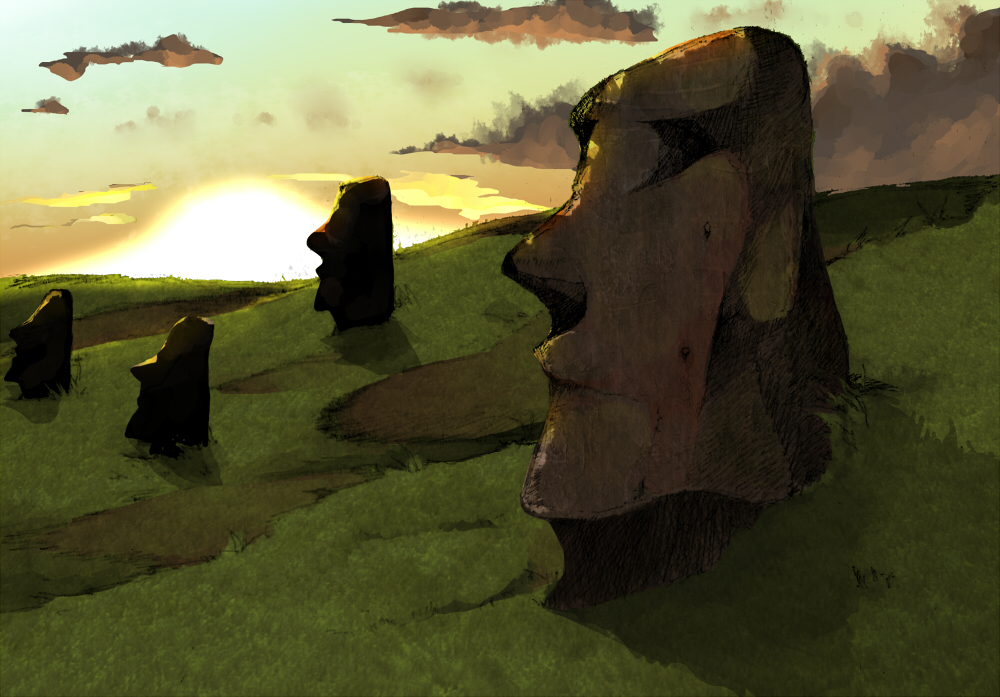 shinta (artist), tokoroten (hmmuk), stone, bad id, bad pixiv id, cloud, easter island, grass, landscape, moai, no humans, scenery, sky, statue, sun, sunset