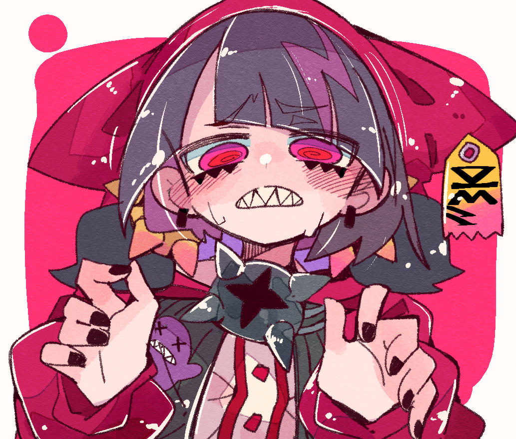 massakasama, coqui saporana, rummy & coqui, commentary, commission, english commentary, second-party source, skeb commission, 1girl, @ @, black hair, black nails, blush, hat, low twintails, red background, red eyes, red hat, sharp teeth, short hair, solo, sweat, teeth, twintails, upper body, virtual youtuber