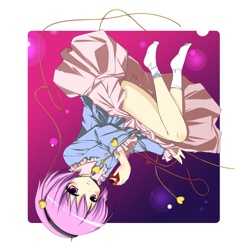 ayase miko, komeiji satori, touhou, 1girl, female focus, hairband, heart, pink eyes, pink hair, purple eyes, purple hair, short hair, socks, solo, upside-down