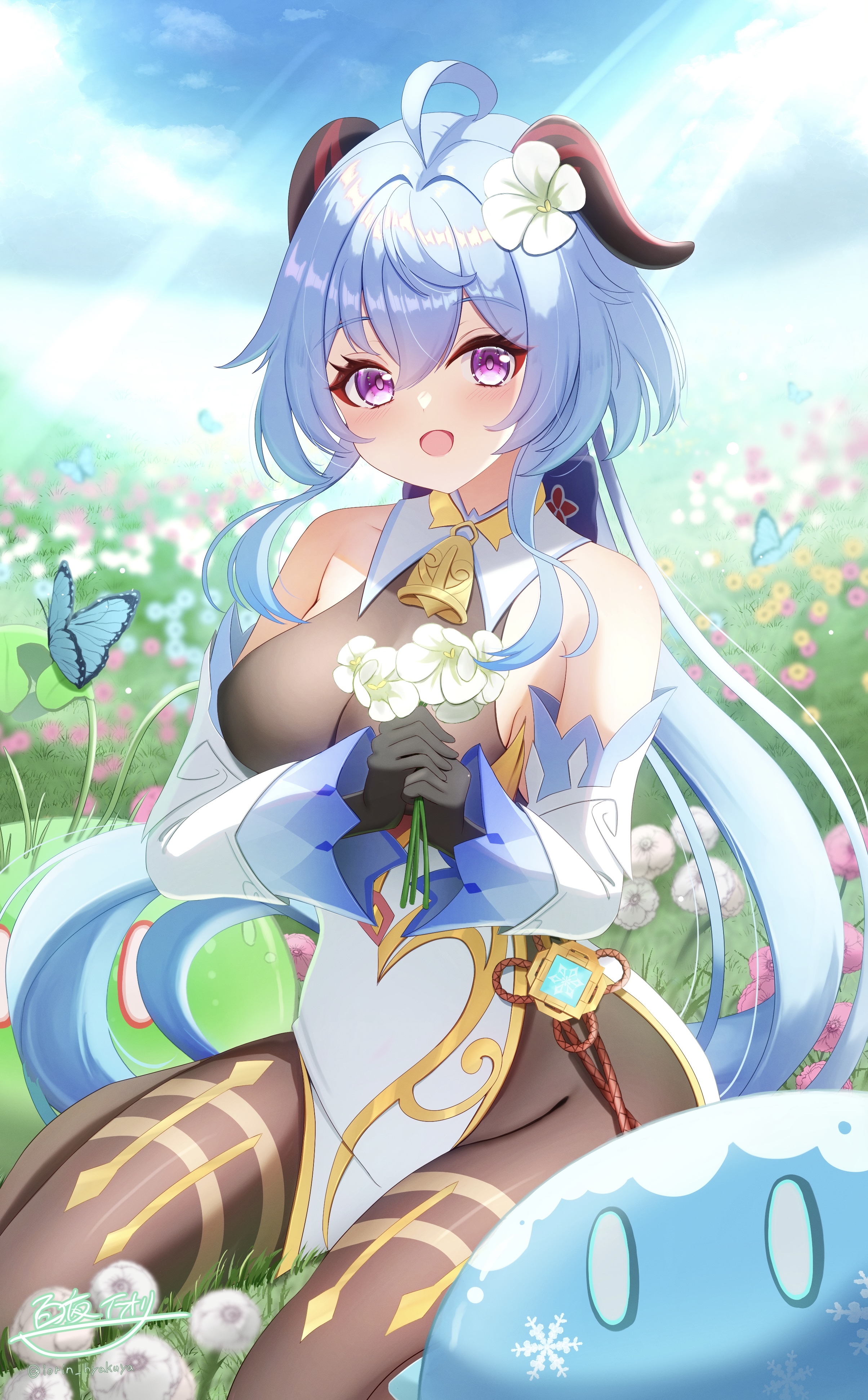 hyakuya iori, cryo slime (genshin impact), ganyu (genshin impact), slime (genshin impact), genshin impact, absurdres, commentary request, highres, 1girl, ahoge, bare shoulders, blue butterfly, blue hair, blush, bodystocking, breasts, bug, butterfly, day, detached sleeves, flower, goat horns, hair between eyes, hair flower, hair ornament, holding, holding flower, horns, insect, long hair, long sleeves, looking at viewer, medium breasts, on grass, open mouth, outdoors, purple eyes, qingxin flower, sitting, solo, very long hair, wariza, white flower, white sleeves