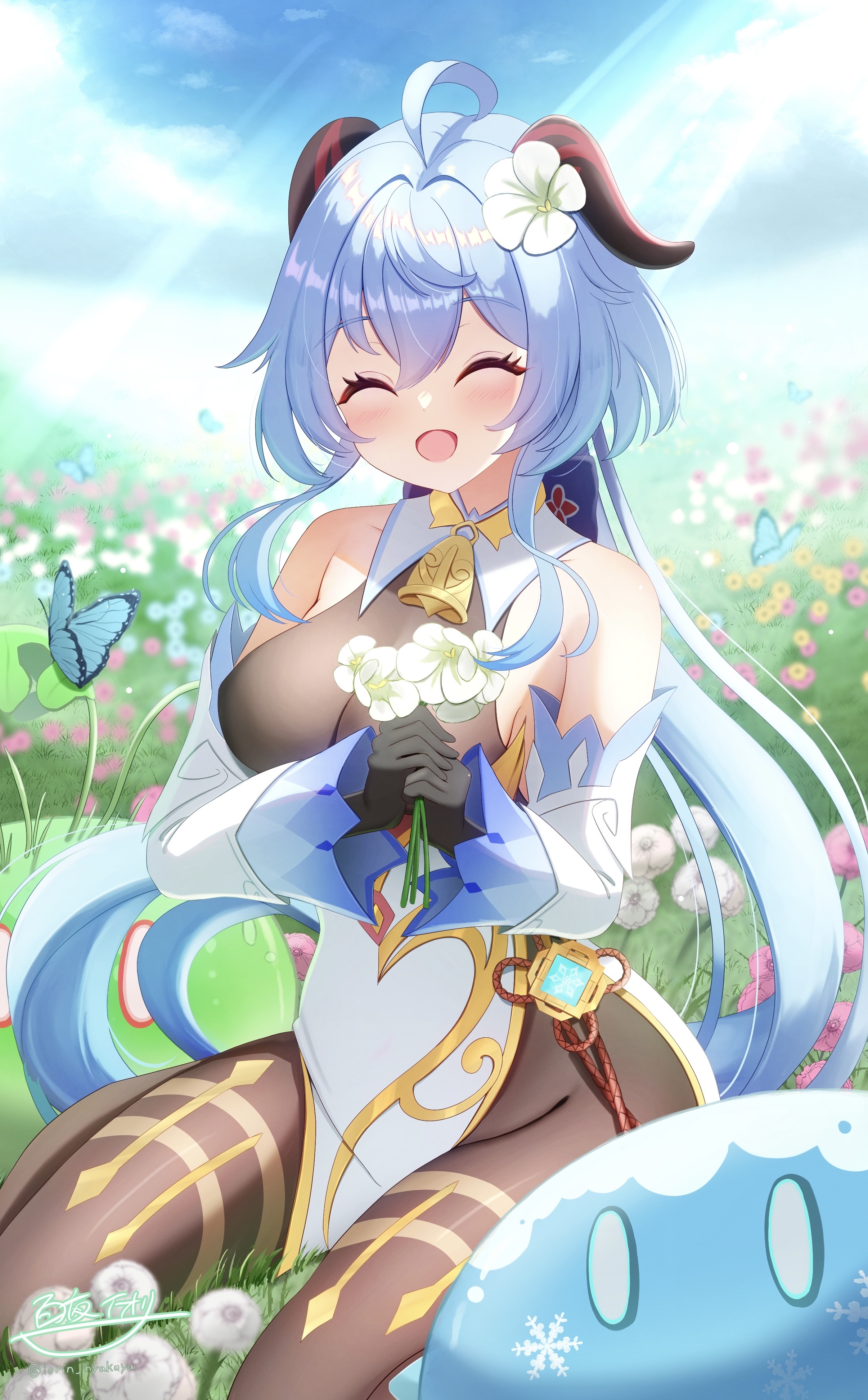 hyakuya iori, cryo slime (genshin impact), ganyu (genshin impact), slime (genshin impact), genshin impact, absurdres, commentary request, highres, 1girl, ^ ^, ahoge, bare shoulders, blue butterfly, blue hair, blush, bodystocking, breasts, bug, butterfly, closed eyes, day, detached sleeves, flower, goat horns, hair between eyes, hair flower, hair ornament, holding, holding flower, horns, insect, long hair, long sleeves, looking at viewer, medium breasts, on grass, open mouth, outdoors, qingxin flower, sitting, solo, very long hair, wariza, white flower, white sleeves