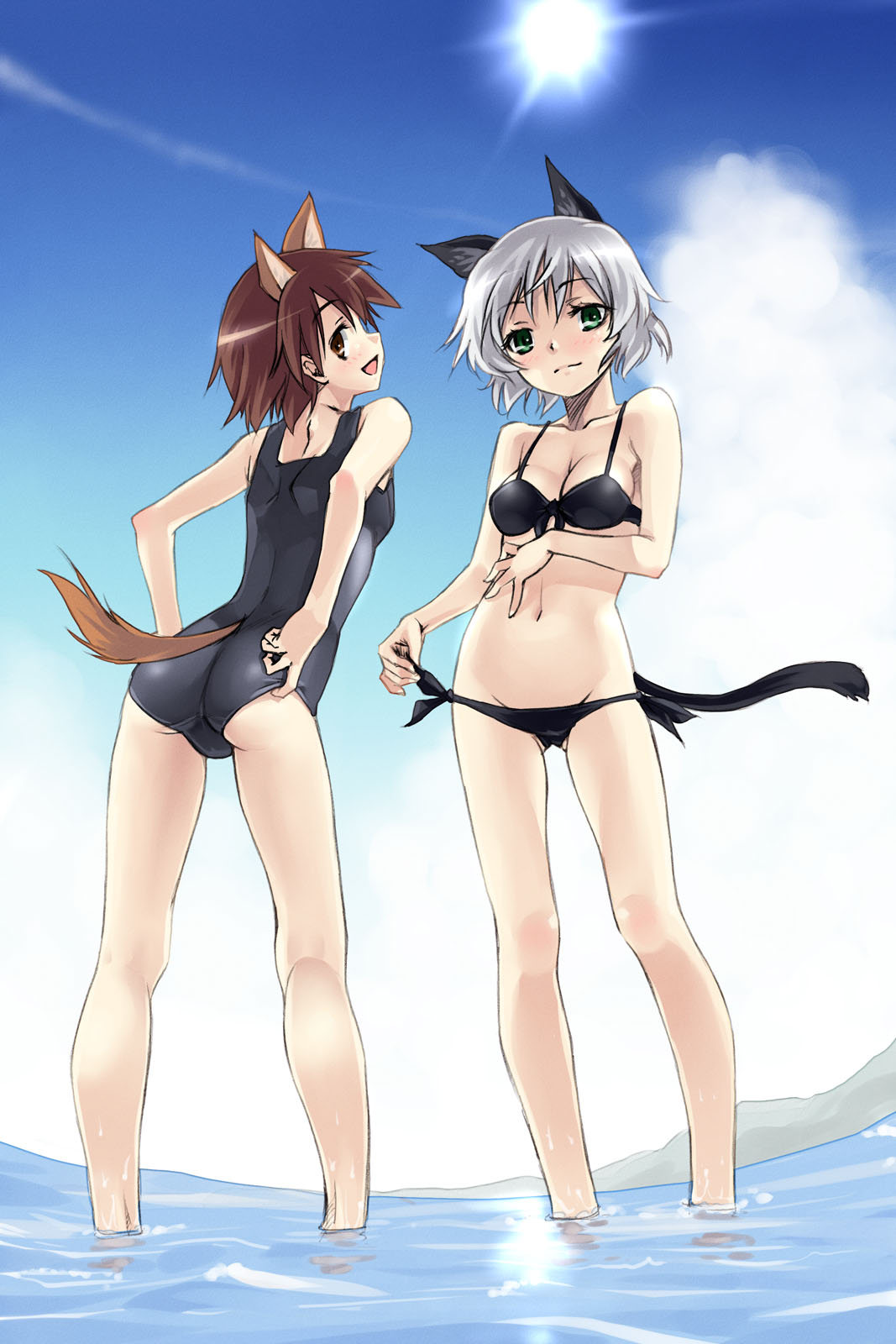 satou atsuki, miyafuji yoshika, sanya v. litvyak, strike witches, world witches series, silver hair, highres, 00s, 2girls, animal ears, ass, bikini, black bikini, brown eyes, brown hair, cat ears, cat tail, day, green eyes, legs, lowleg, multiple girls, one-piece swimsuit, open mouth, school swimsuit, short hair, side-tie bikini bottom, smile, swimsuit, tail