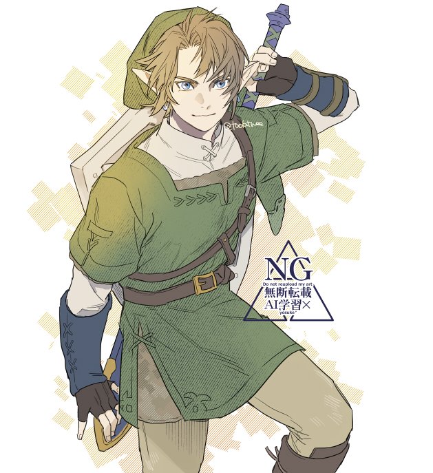 link, nintendo, the legend of zelda, the legend of zelda: twilight princess, commentary request, 1boy, belt, black gloves, blonde hair, blue eyes, boots, brown belt, brown boots, closed mouth, cowboy shot, earrings, fingerless gloves, gloves, green hat, green tunic, grey pants, hat, holding, holding sword, holding weapon, jewelry, light smile, male focus, master sword, pants, parted bangs, phrygian cap, pointy ears, shield, shield on back, shirt, short hair, solo, sword, sword on back, tadatwee, tunic, twitter username, weapon, weapon on back, white shirt