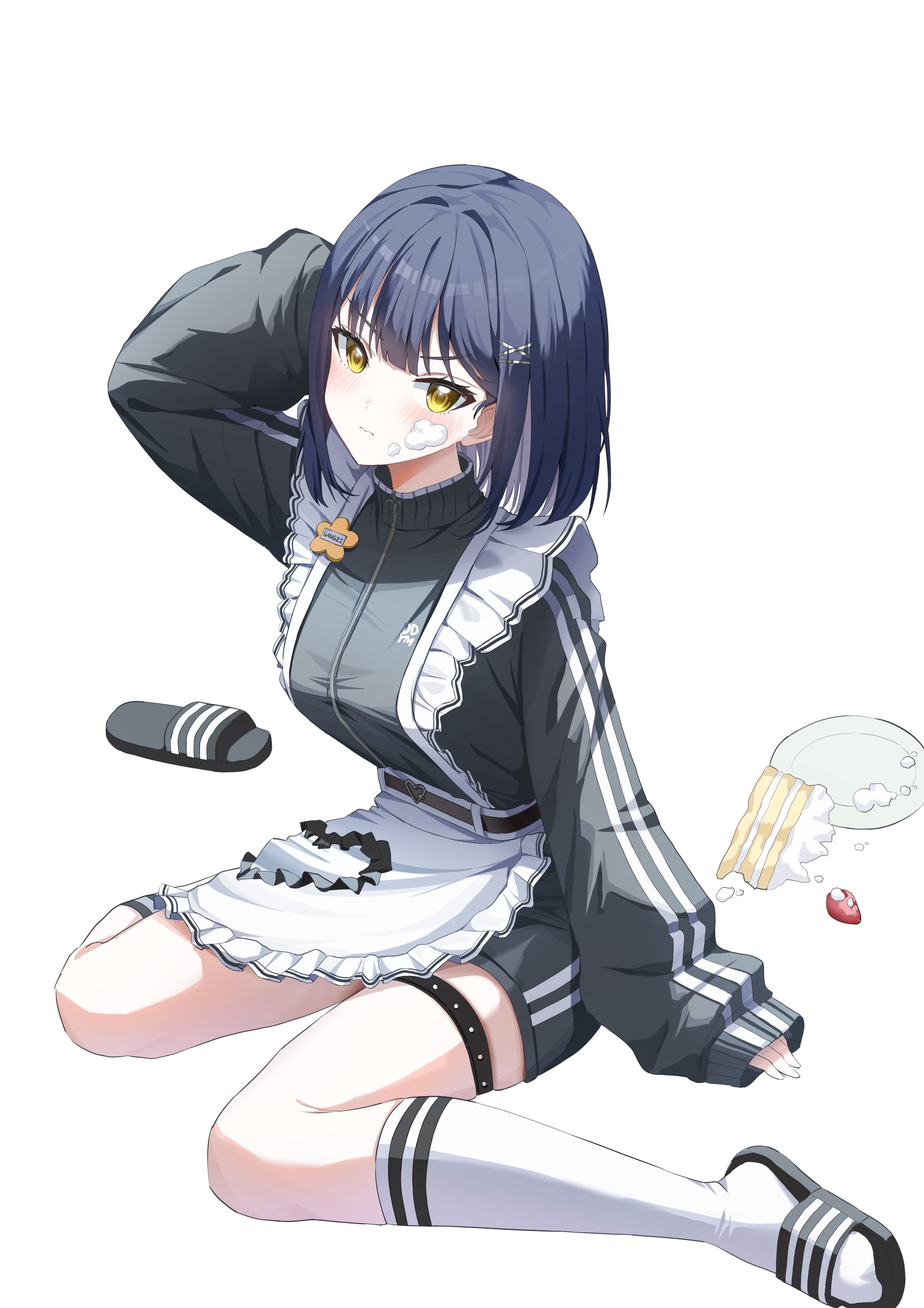 gangzi (vtuber), stellive, absurdres, commentary request, highres, korean commentary, 1girl, 3:, annoyed, aoba nene, apron, arm up, belt, black belt, black sandals, blue hair, blush, breasts, cake, cake slice, character name, closed mouth, dropped food, food, food on face, frilled apron, frills, frown, fruit, full body, grey jacket, grey shorts, hair intakes, hair ornament, hairclip, hand on own head, head tilt, heart belt buckle, icing, jacket, jersey maid, kneehighs, large breasts, long sleeves, looking at viewer, looking to the side, maid, maid apron, medium hair, name tag, plate, sandals, shorts, simple background, sitting, sleeves past wrists, slides, socks, solo, strawberry, thigh strap, track jacket, unconventional maid, v-shaped eyebrows, virtual youtuber, wariza, white apron, white background, white socks, yellow eyes