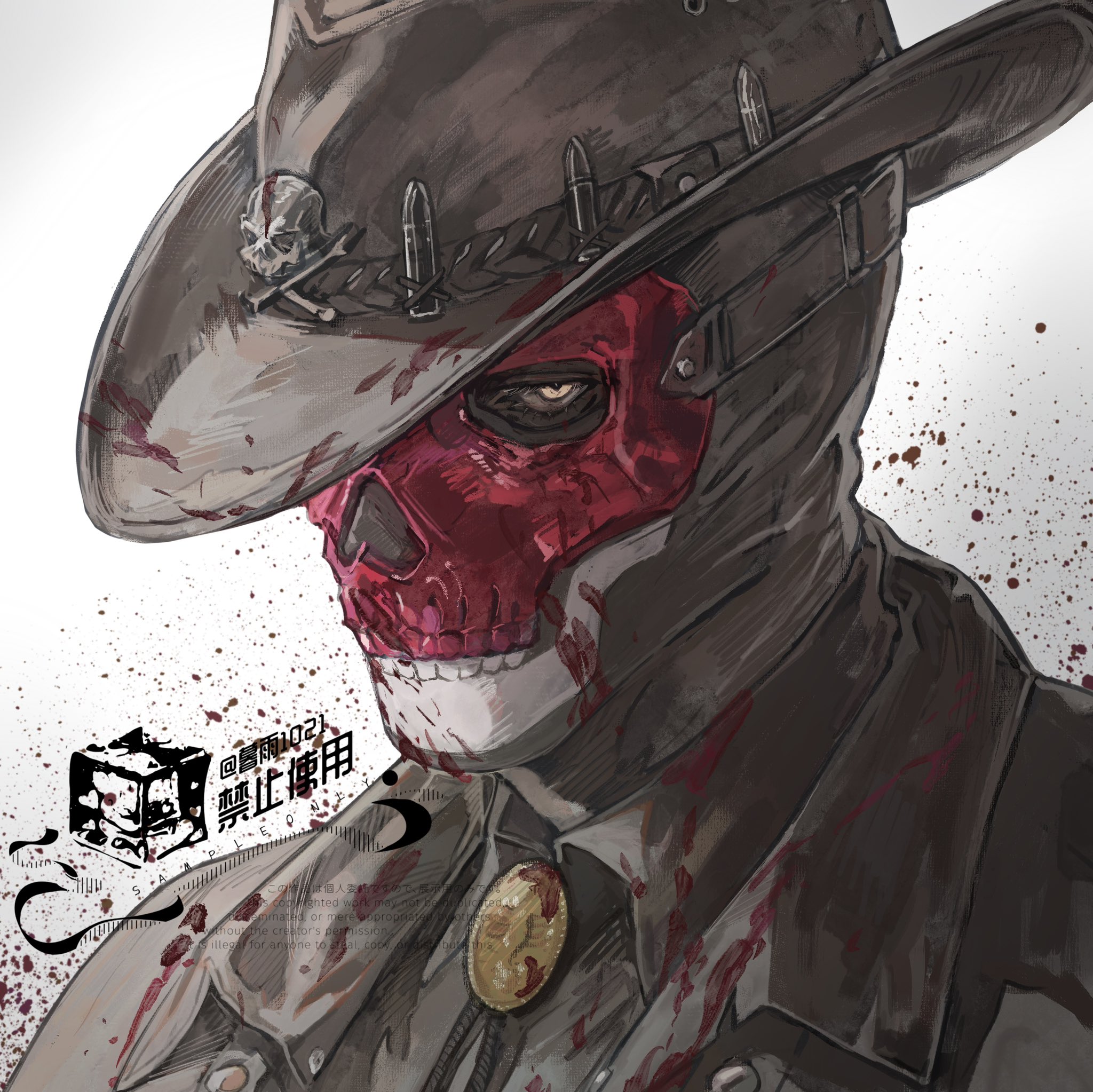 ghost (modern warfare 2), call of duty, call of duty: modern warfare 2, commentary, english commentary, highres, 1boy, black jacket, black shirt, blood, blood on clothes, blood on mask, blood splatter, bolo tie, celia 1021, coat, collared shirt, cowboy, cowboy hat, hat, jacket, looking at viewer, male focus, mask, portrait, sanpaku, shirt, solo, suit jacket, teeth, watermark, western, yellow eyes