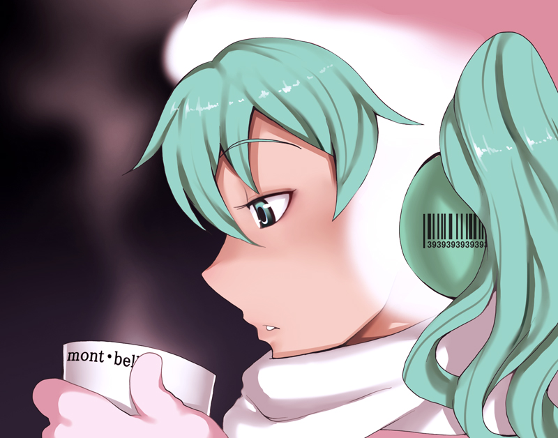 kosame daizu, hatsune miku, vocaloid, bad id, bad pixiv id, 1girl, aqua eyes, aqua hair, barcode, cup, female focus, gloves, mug, portrait, scarf, solo