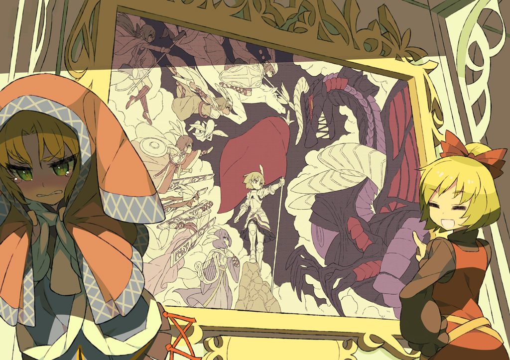 itsumo nokoru, kurodani yamame, mizuhashi parsee, shameimaru aya, sword world, sword world 2.0, touhou, character request, commentary request, = =, armor, belt, black shirt, black skirt, black sleeves, blonde hair, blush, bow, breastplate, brown belt, brown hair, brown sandals, couter, cross-laced armwear, cuirass, cuisses, curtained hair, dot nose, dragon, dress, faulds, full armor, gauntlets, gladiator sandals, greaves, green eyes, hair ornament, half updo, harp, headscarf, helmet, holding, holding harp, holding shield, horse, instrument, long sleeves, parted bangs, pauldrons, perspective, picture frame, pinafore dress, plate armor, pleated skirt, poleyn, pom pom (clothes), pom pom hair ornament, purple hair, purple robe, purple sleeves, red bow, red dress, red eyes, red headscarf, rerebrace, robe, sabaton, sandals, sharp teeth, shield, shirt, shoulder armor, skirt, sleeveless, sleeveless dress, tears, teeth, valkyrie, vambraces, warm colored, western dragon, white wings, winged helmet, wings