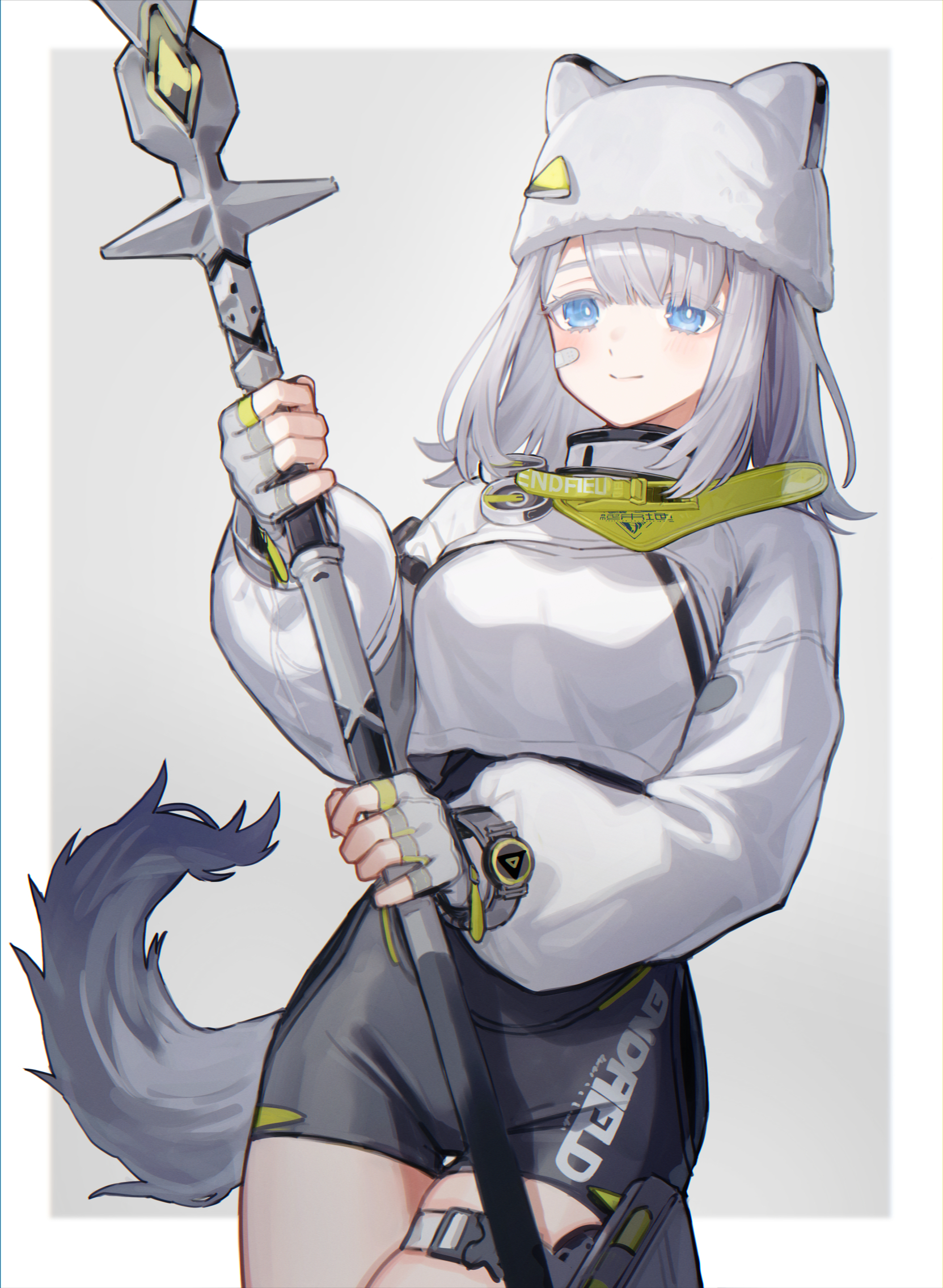 kino (m6t2a), estella (arknights), arknights, arknights: endfield, commentary, highres, 1girl, animal hat, bandaid, bandaid on face, blue eyes, border, breasts, cat hat, fingerless gloves, gloves, grey background, grey gloves, grey hair, hat, holding, holding weapon, long hair, long sleeves, looking at viewer, outside border, simple background, smile, solo, tail, weapon, white border, white hat