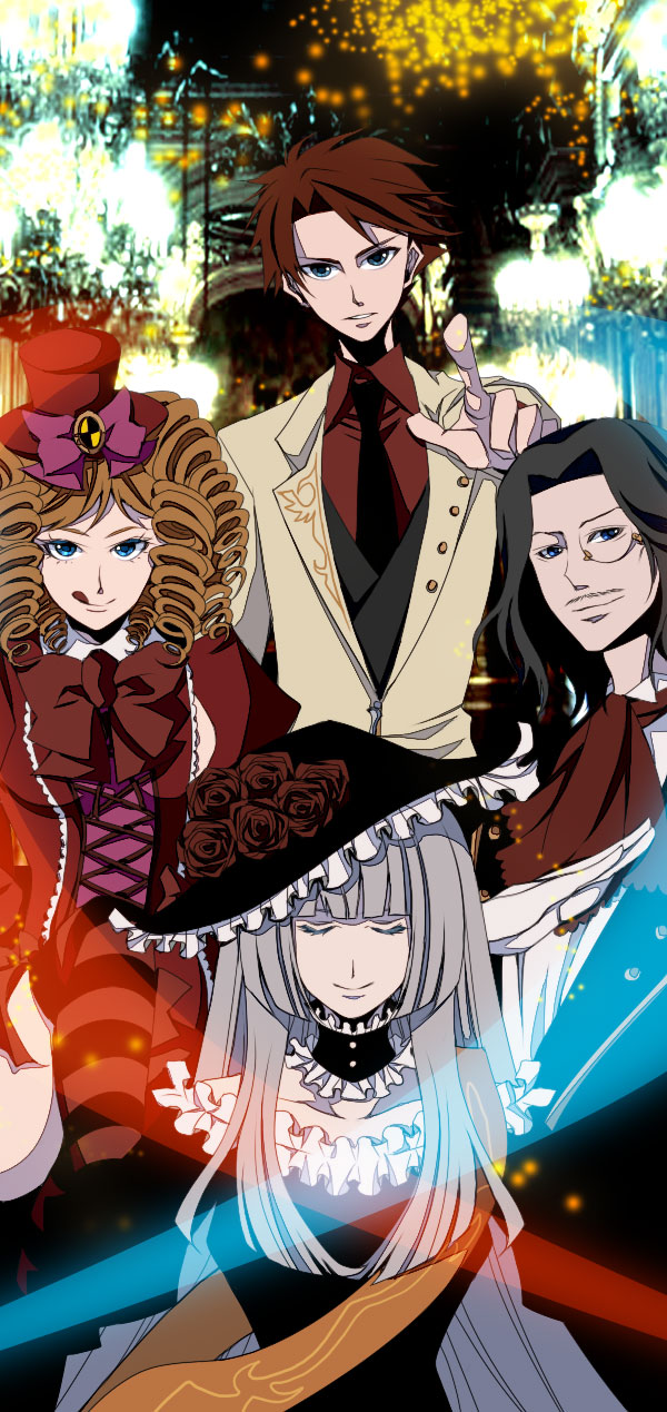 hakono mitsuru, gaap (umineko), ronove (umineko), ushiromiya battler, virgilia (umineko), umineko no naku koro ni, silver hair, bad id, bad pixiv id, highres, 00s, 2boys, 2girls, black hair, blonde hair, blue eyes, bow, breasts, choker, closed eyes, dress, drill hair, facial hair, frills, hat, hime cut, jacket, mini hat, mini top hat, monocle, multiple boys, multiple girls, mustache, necktie, pink bow, red hair, ribbon, short hair, sideboob, thighhighs, top hat