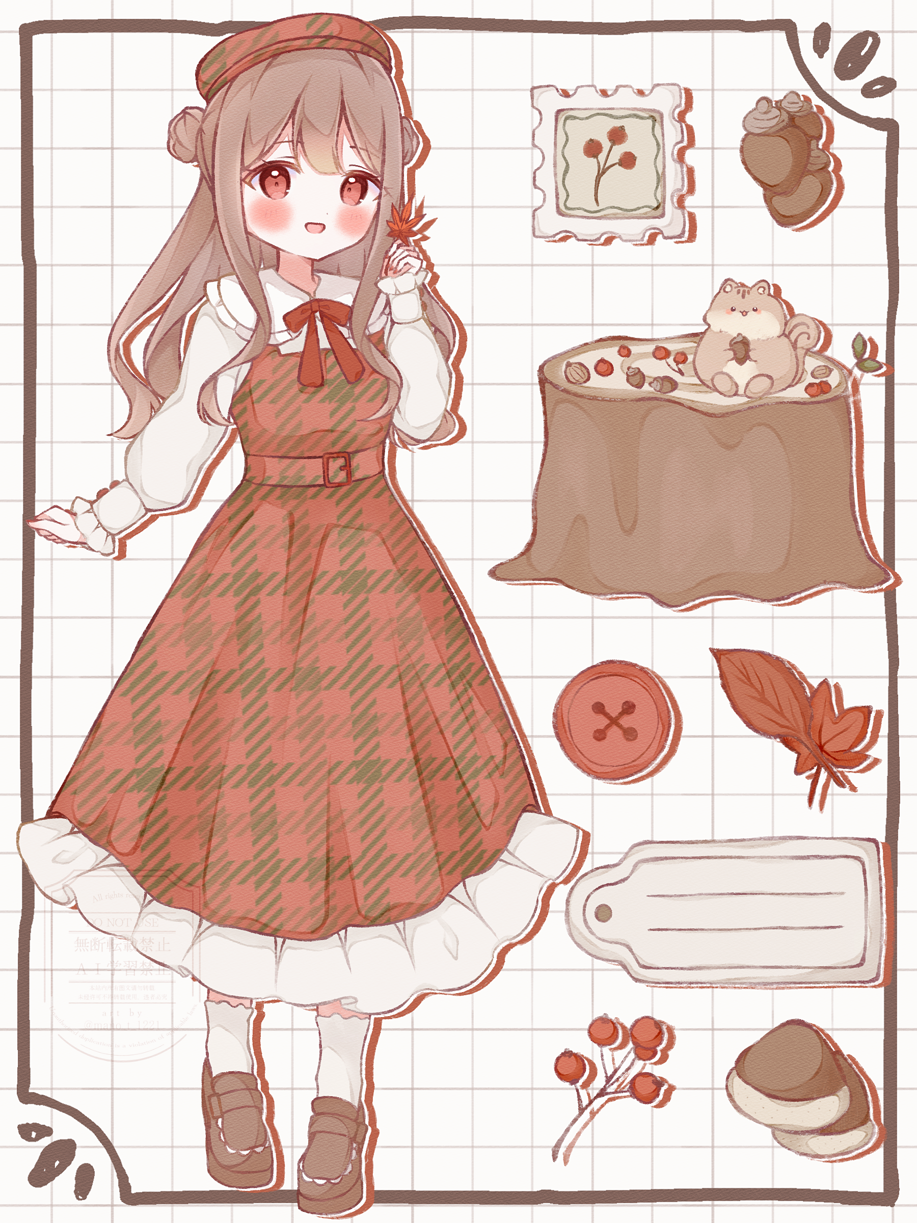 original, absurdres, commentary, highres, symbol-only commentary, 1girl, :d, acorn, animal, ankle socks, autumn, belt buckle, beret, blush, bow, bowtie, brown hair, brown shoes, buckle, buttons, collared shirt, cranberry, dot nose, double-parted bangs, double bun, dress, fingernails, frilled dress, frills, full body, gingham dress, gingham hat, grid background, hair bun, hand up, hat, holding, holding leaf, leaf, long hair, long sidelocks, long sleeves, looking at viewer, maple leaf, open mouth, pinafore dress, postage stamp, puffy long sleeves, puffy sleeves, red bow, red bowtie, red dress, red eyes, red hat, shirt, shoes, sidelocks, sleeveless, sleeveless dress, smile, socks, solo, squirrel, standing, tree stump, tsukino mano, watermark, wavy hair, white shirt, white socks