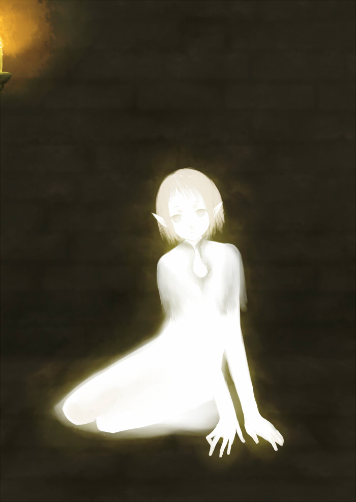 kokono coco, yorda, ico, light, albino, brown eyes, brown hair, dress, glowing, pale skin, pointy ears, short hair, sitting, solo