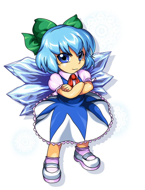 aozoraichi, cirno, touhou, touhou hisoutensoku, aitayuu, blue eyes, blue hair, bow, mary janes, shoes, short hair, solo, wings