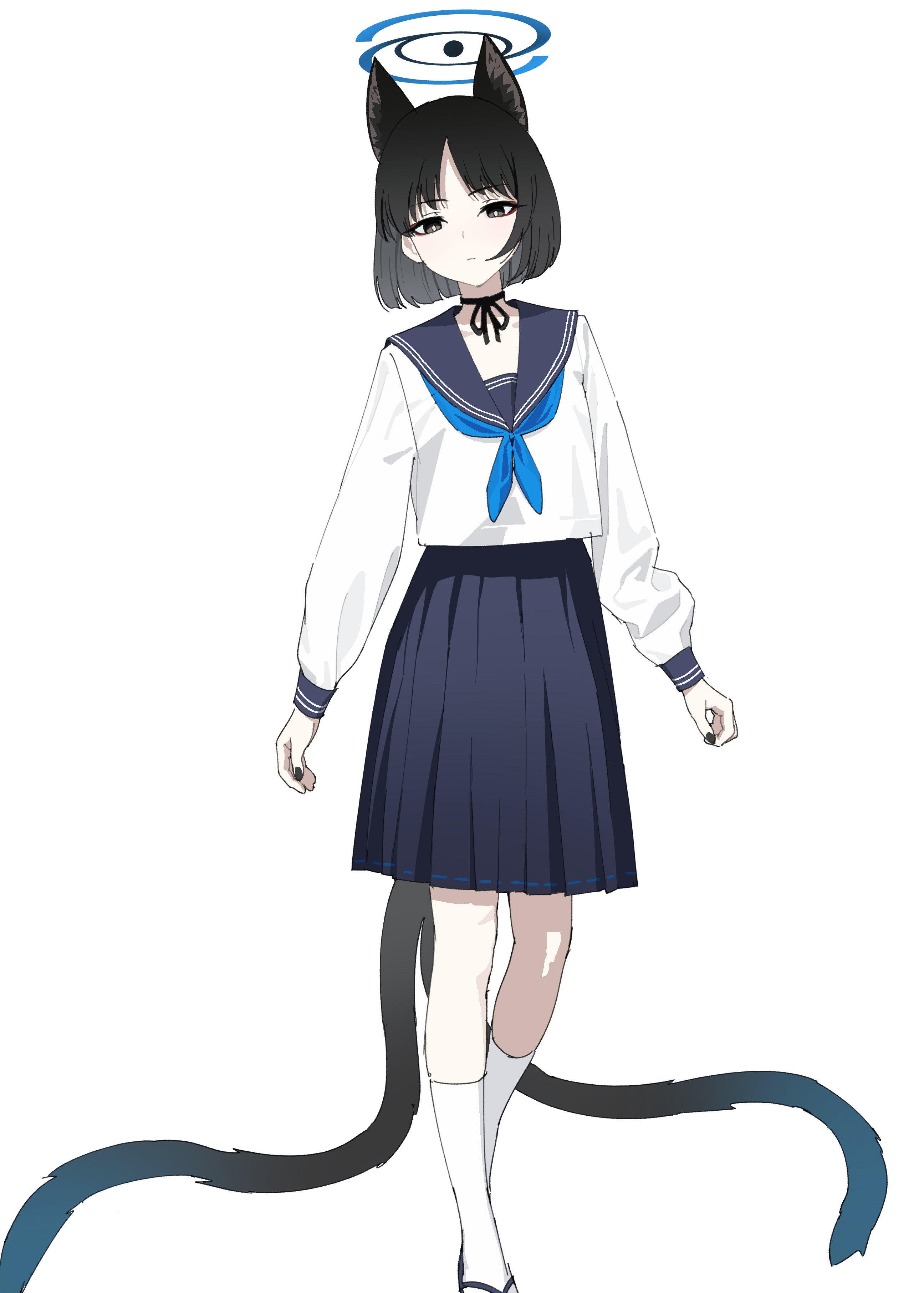 nyus0721, kikyou (blue archive), blue archive, absurdres, highres, 1girl, animal ears, bakeneko, black eyes, black halo, black nails, black skirt, blue halo, blue neckerchief, cat ears, cat girl, cat tail, colored inner animal ears, gradient halo, gradient tail, halo, multicolored halo, multiple tails, nail polish, neckerchief, pleated skirt, sailor collar, sailor shirt, shirt, simple background, skirt, solo, tail, two tails, white background, white shirt
