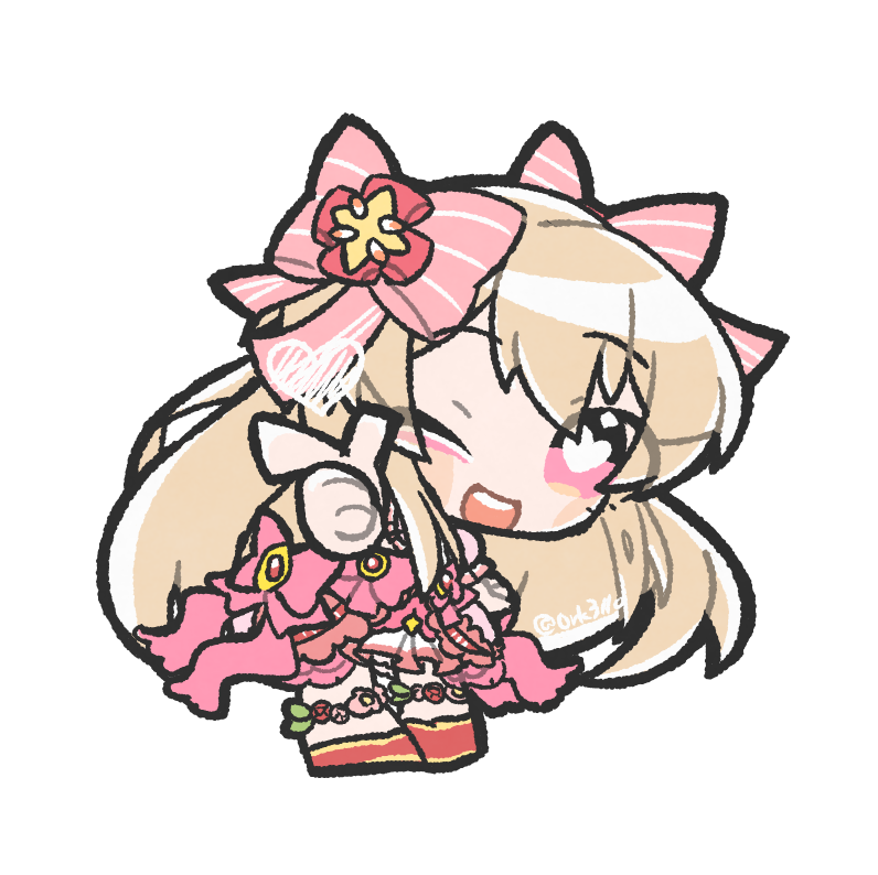 chaos marie (grimms notes), grimms notes, 1girl, ;d, blonde hair, full body, heart, heart-shaped pupils, long hair, looking at viewer, one eye closed, open mouth, ork3110, pink eyes, red shoes, shoes, smile, solo, symbol-shaped pupils, teeth, twitter username, upper teeth only