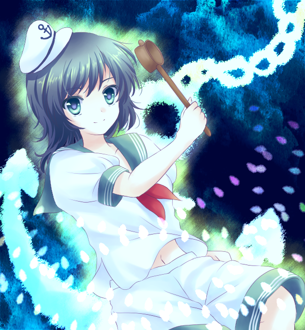 kai aki, murasa minamitsu, touhou, bad id, bad pixiv id, 1girl, anchor, black hair, danmaku, female focus, ghost, green eyes, hat, hishaku, ladle, sailor, sailor hat, short hair, shorts, solo