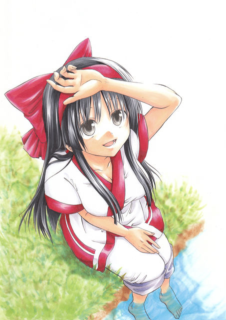 amanosora, nakoruru, samurai spirits, snk, bad id, bad pixiv id, jpeg artifacts, 1girl, barefoot, black eyes, black hair, bow, breasts, feet, female focus, gloves, grass, hair bow, hairband, japanese clothes, long hair, looking up, outdoors, red bow, ribbon, sitting, soaking feet, solo, toes, water