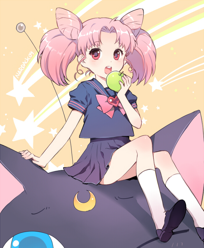 nardack, chibi usa, luna-p, bishoujo senshi sailor moon, bishoujo senshi sailor moon r, 1990s (style), 1girl, apple, black shirt, black skirt, bow, brooch, child, cone hair bun, eating, female focus, food, fruit, green apple, hair bun, heart, heart brooch, holding, holding food, holding fruit, jewelry, legs, open mouth, pink bow, pink eyes, pink hair, retro artstyle, school uniform, shirt, short twintails, skirt, solo, twintails